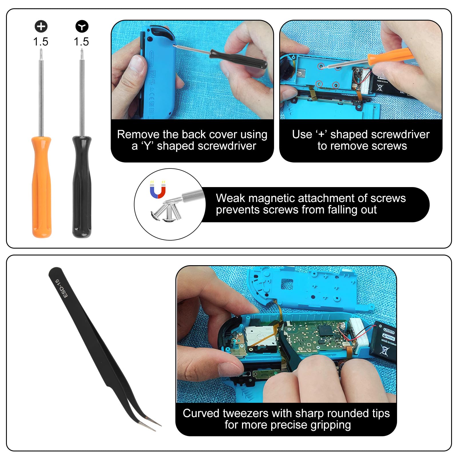 Switch Joystick Replacement Kit 4-Pack - Hall Effect 3D Analog Joysticks Repair Set Compatible with Nin tendo Switch, Switch OLED, Switch Lite & Joy-Con, Includes Precision Screwdrivers & Tweezer
