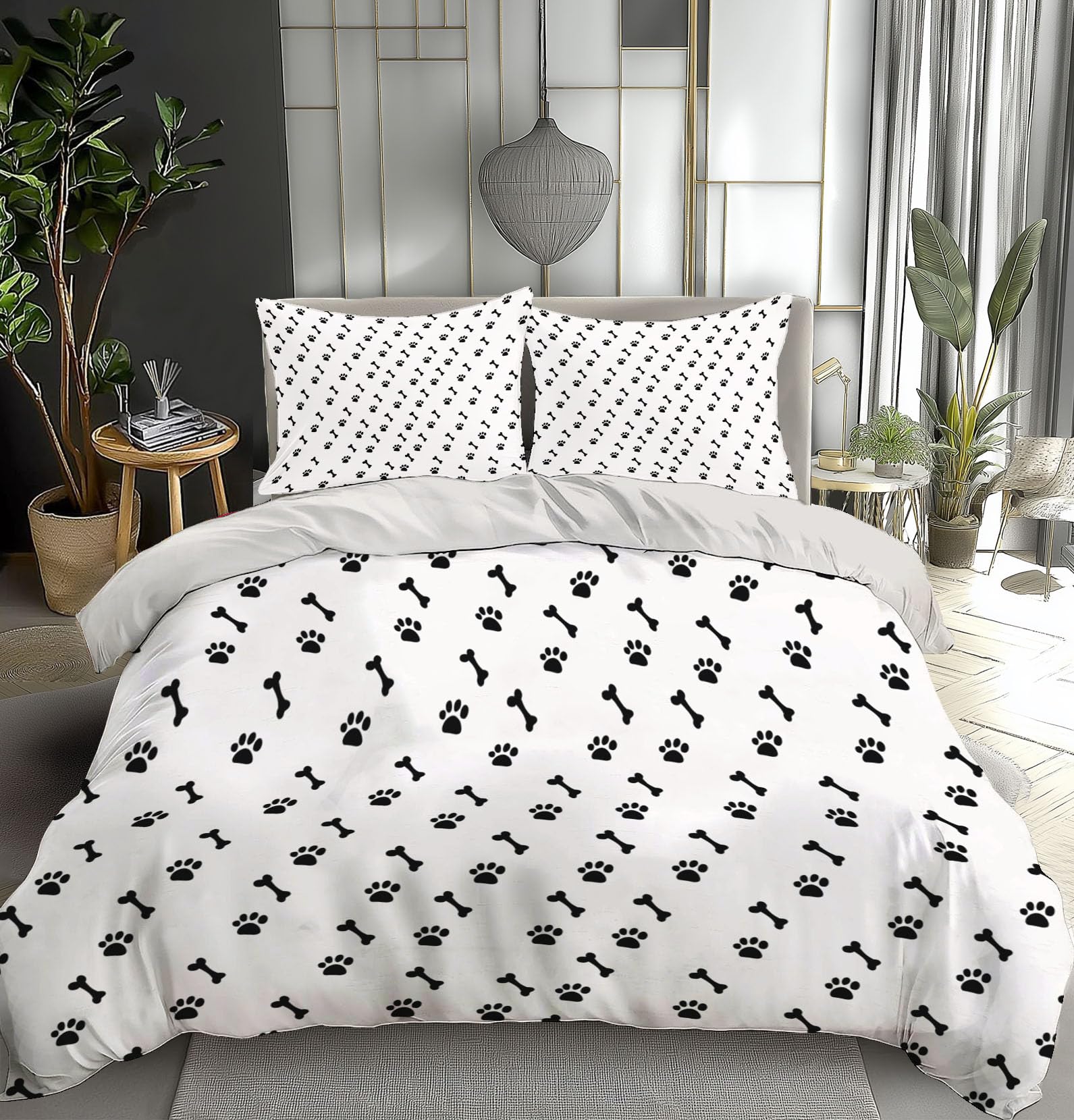 Parure de lit empreintes de pattes 200x200 cm en microfibre avec 2 taies d'oreiller