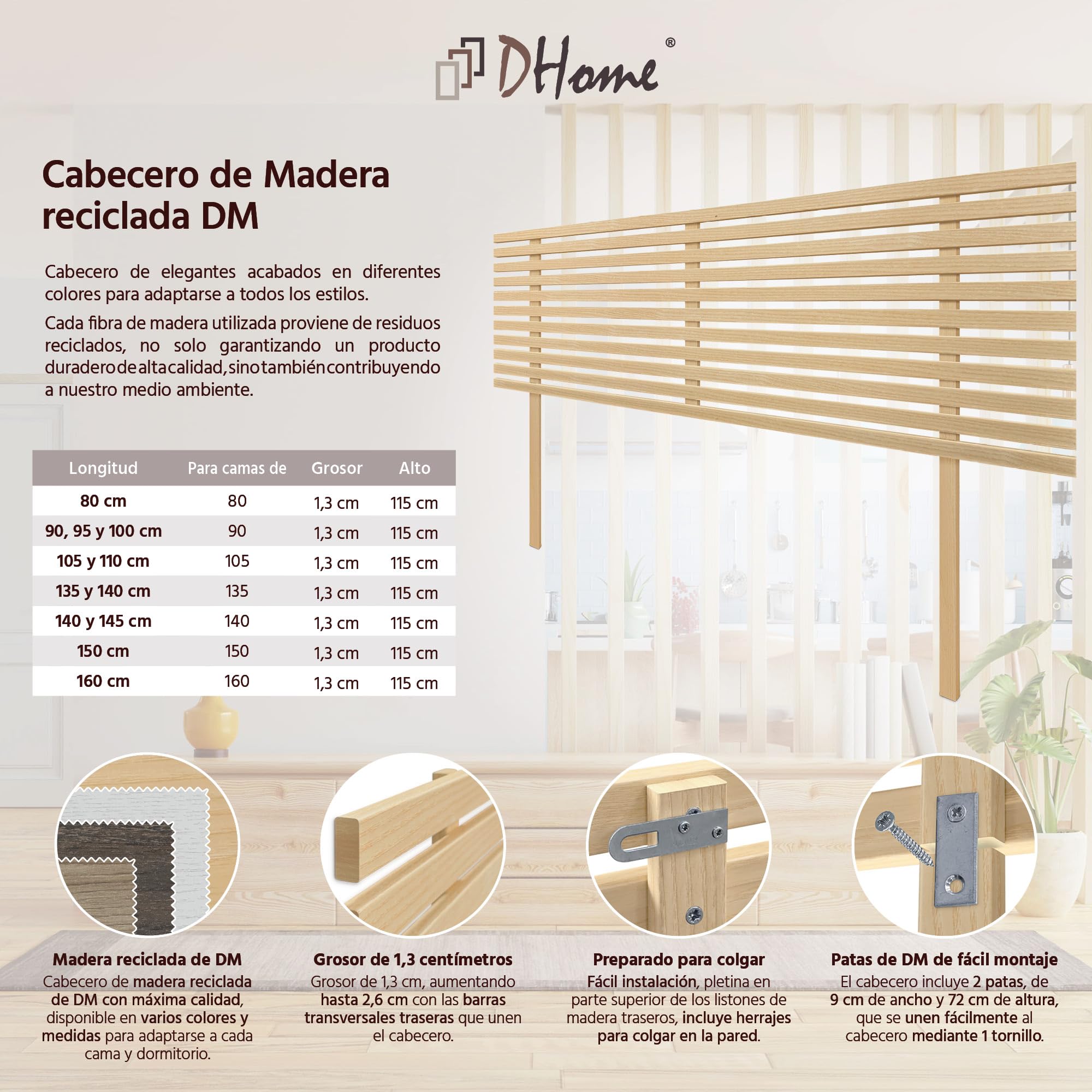 DHOME Cabecero de Madera reciclada DM con Patas Estilo Japonés Cama Palets Herrajes incluidos (160cm, Madera Natural)