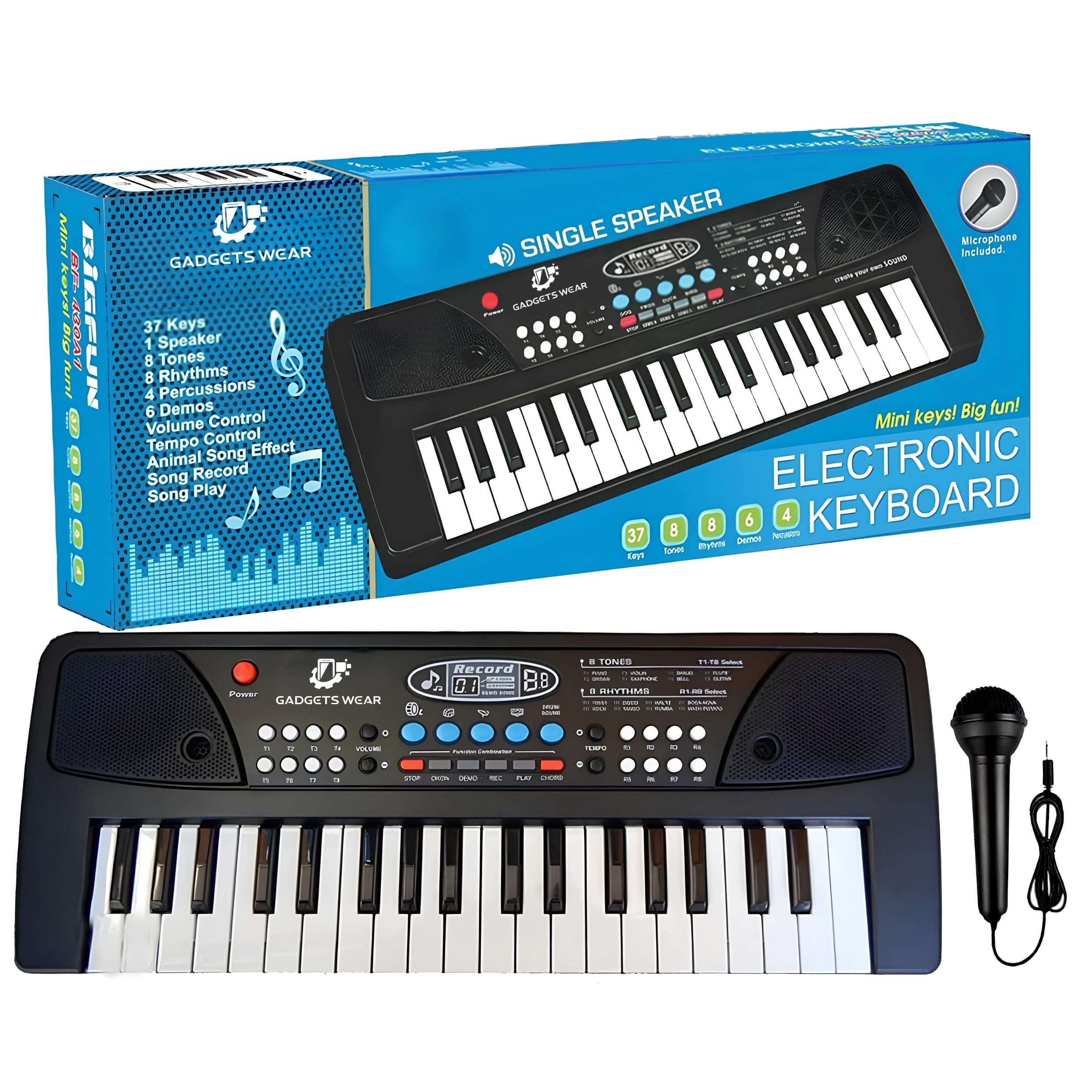 GADGETSWEAR Kids Piano Keyboard With Microphone, 37 Keys, 8 Rhythms, 8 Tones, 6 Demos Portable Electronic Keyboard ,Toy Beginners Educational Songs Recording, Musical Toys For 2 3 4 5 Years Boys Girls-image-47