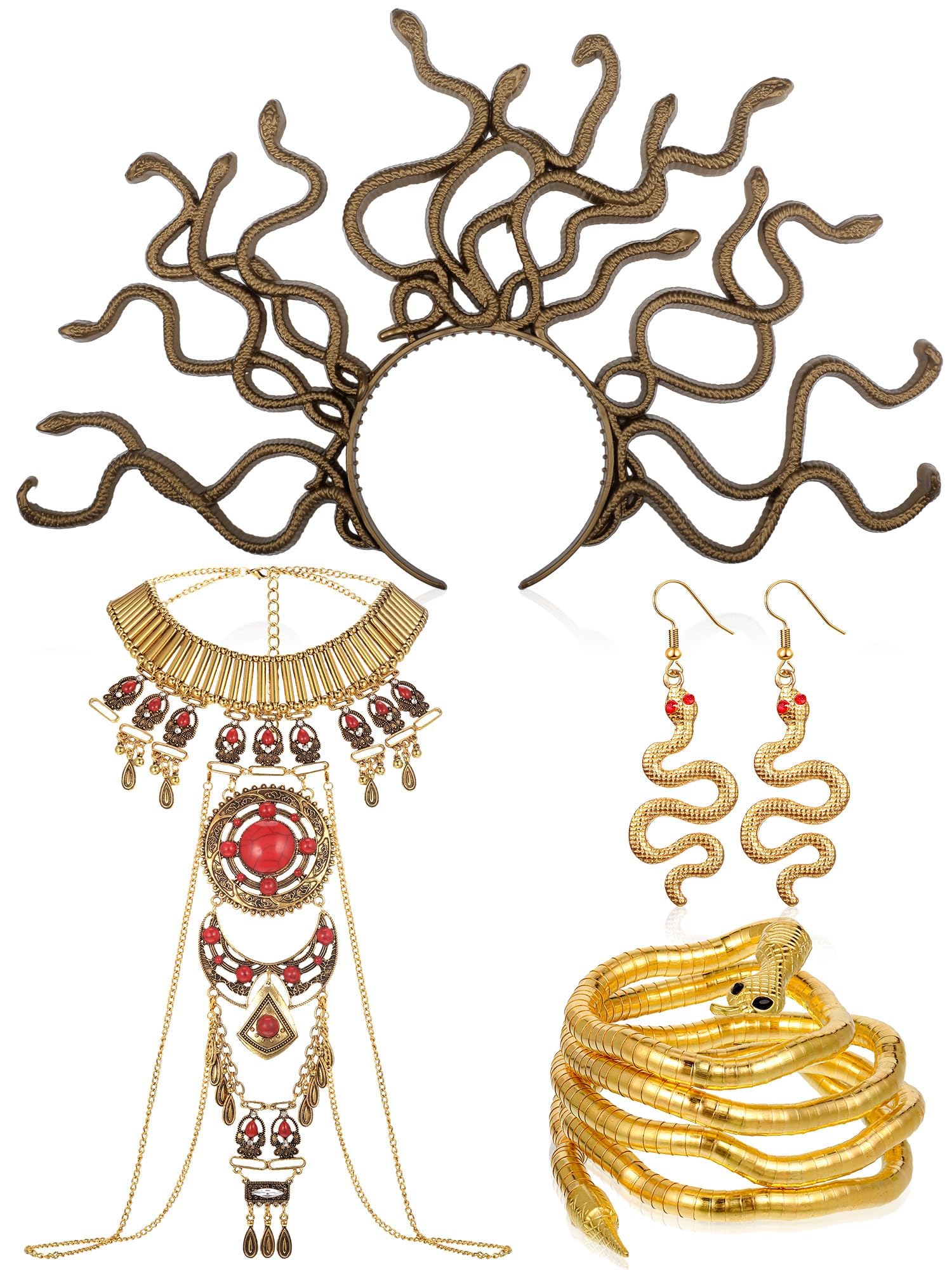 KASTWAVE4 Pcs Medusa Snake Costume Set Boho Red Turquoise Necklace Medusa Snake Headband Headpiece Snake Earrings Bendable Snake Bracelet Medusa Costume Accessories
