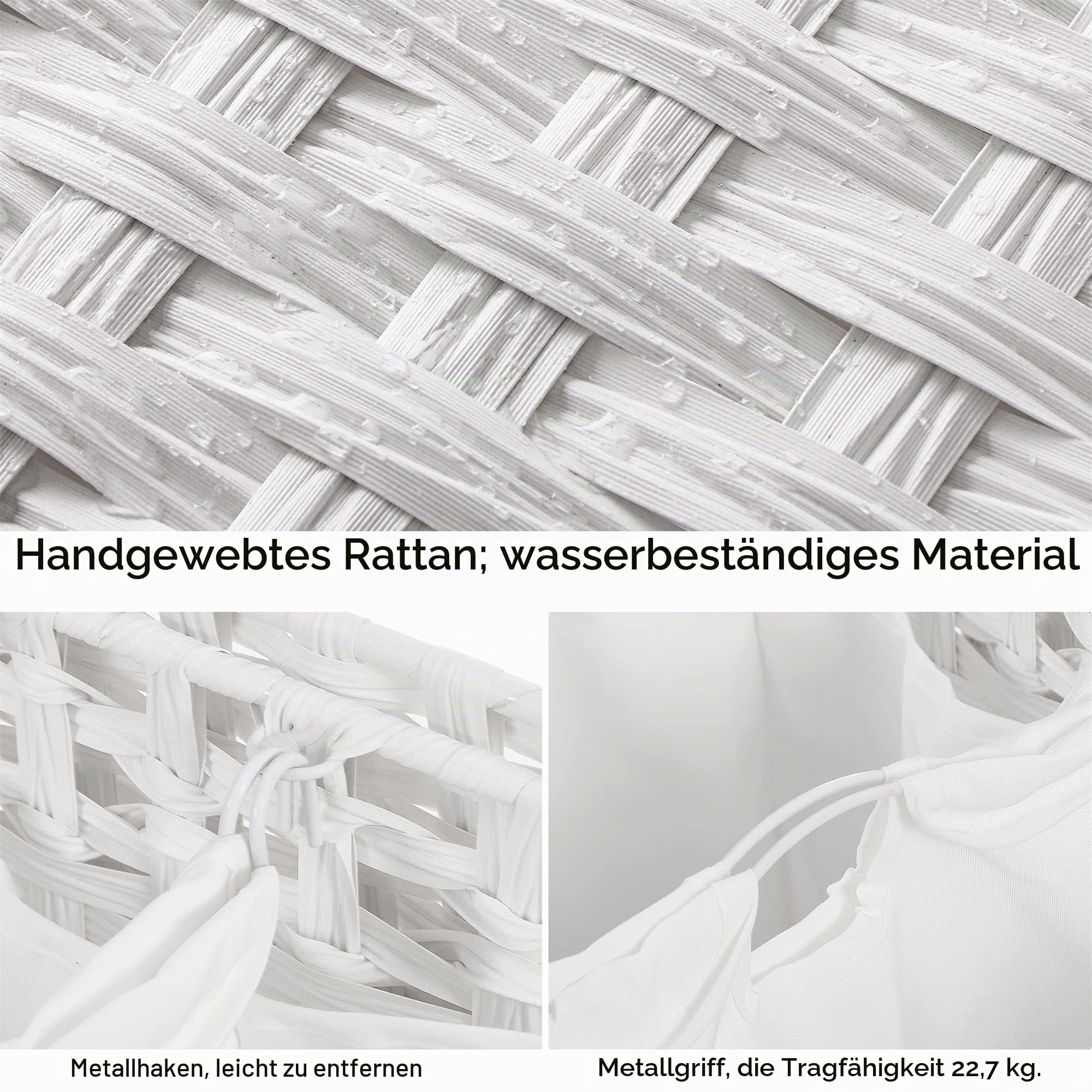 Wäschekorb mit 3 herausnehmbaren Beuteln; 132 l handgewebter Rattan-Wäschekorb mit Deckel und erhöhten Füßen; Wäschekorb mit seitlichen Griffen; Wäschesortierer mit 3 separaten Abschnitten (weiß)
