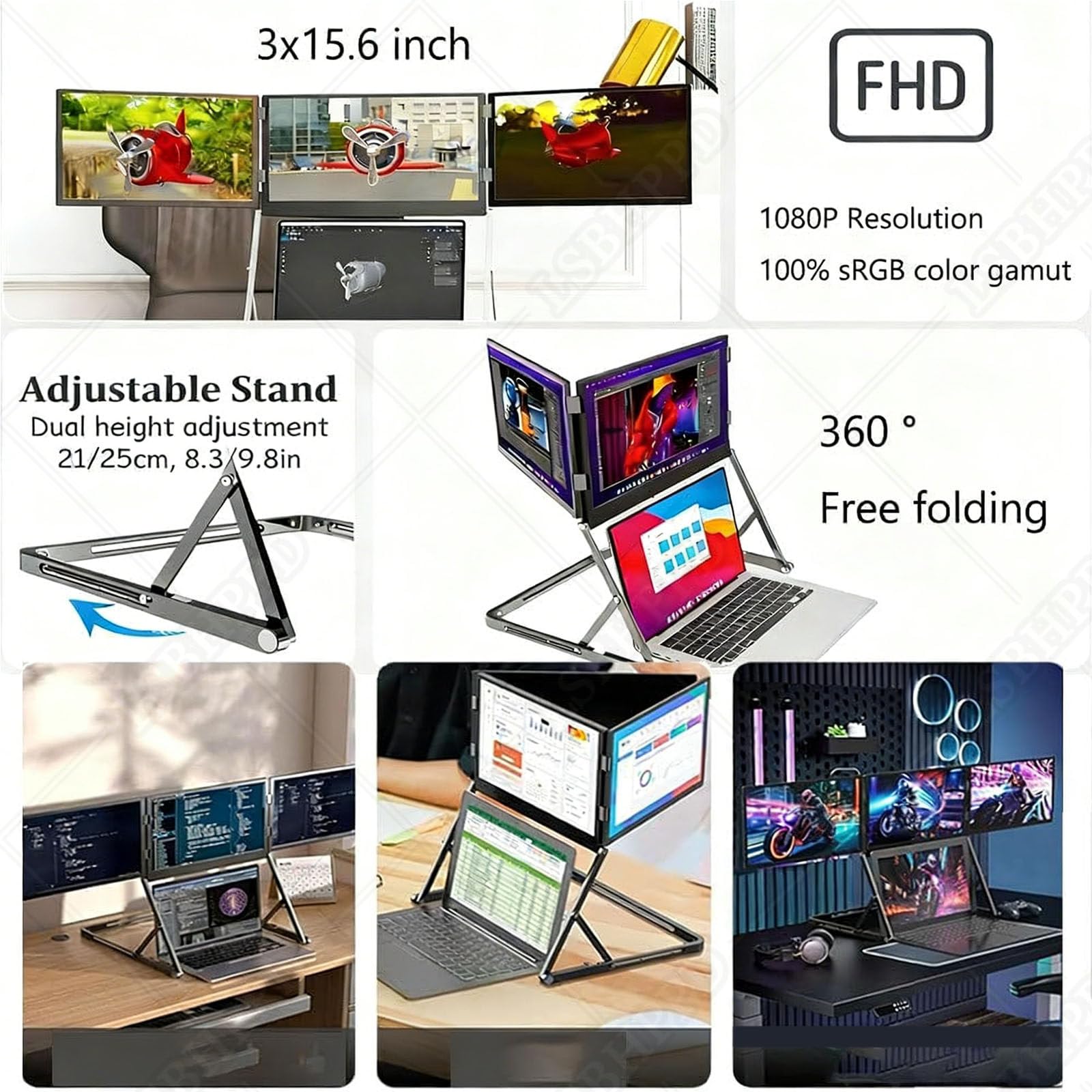 15.6” Monitor Portátil Triple Pantalla,Extensor Pantalla Portátil Fhd 1080p 120% Srgb,Plug and Play con USB-C/HDMI,Compatible con Portátiles 14-15.6 Pulgadas – Ideal para Trabajo Y Vi 15.6in — view 7