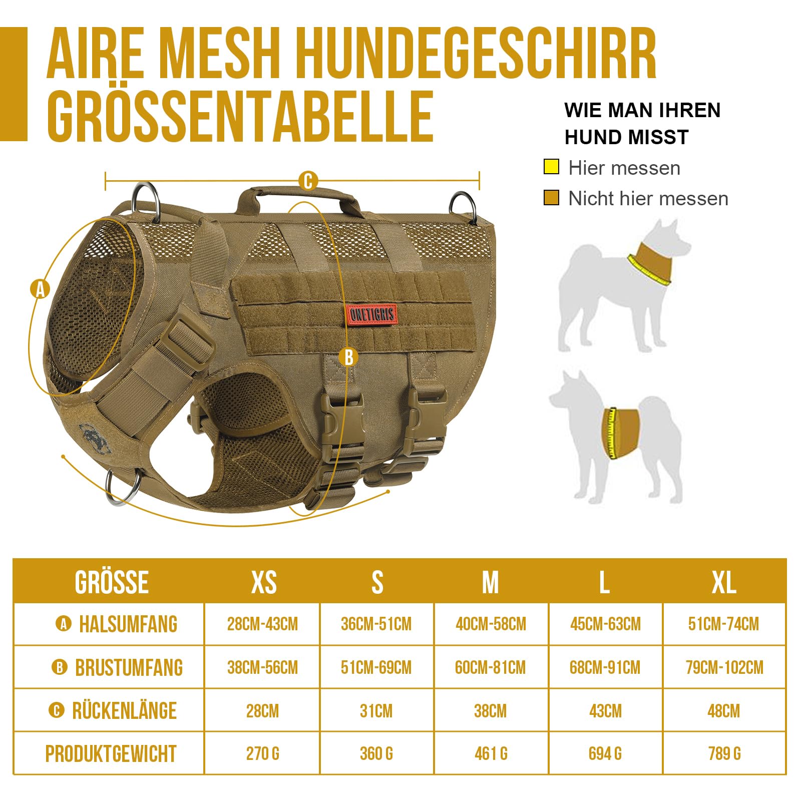 OneTigris Imbracatura No-Pull per Cani, AIRE MESH, Regolabile, Ultra Traspirante, per Taglia Grande/Media, con 2 Manici - Marrone, XS