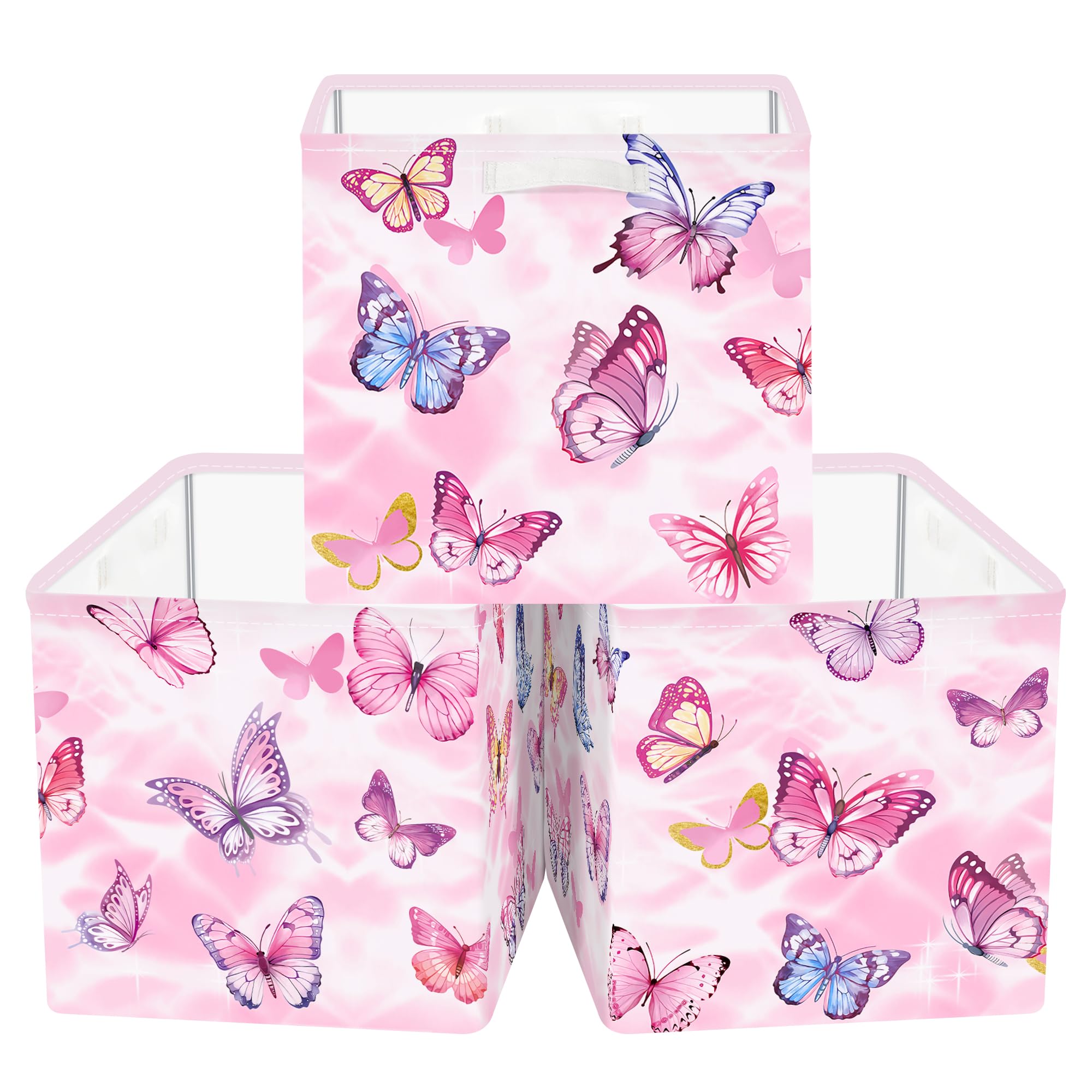Clastyle Lot de 3 Boite Rangement Tissu Enfant Papillon Cube de Rangement Pliable Filles Panier Kallax pour Salle de Bain,Rose,30x30x30 cm