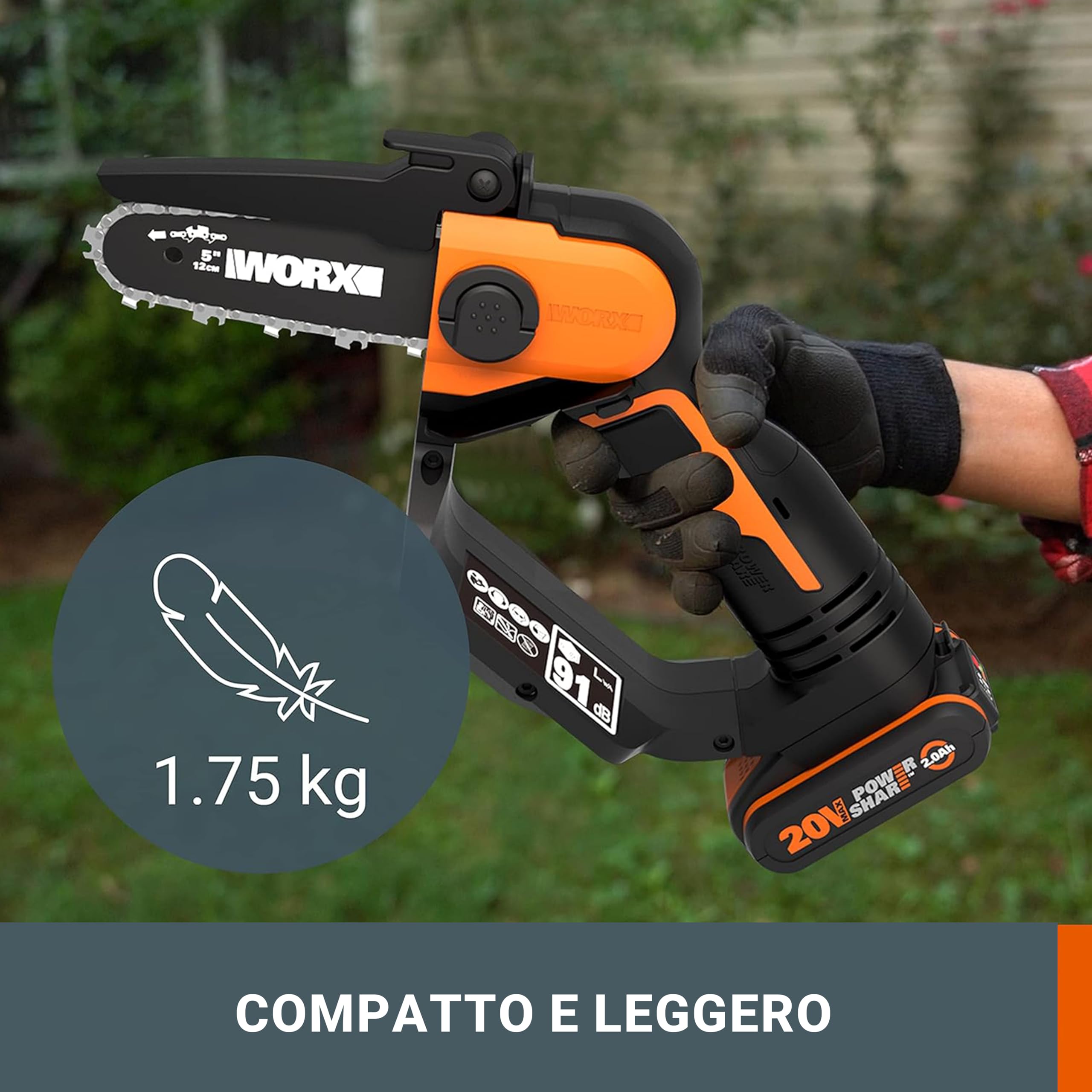 WORX Potatore A Batteria 20 V WG324E Lunghezza Lama 12 Leggera E Comoda Compatibile Con PowerShare Con Batteria E Caricatore