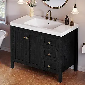 DWVO 42 Inch Bathroom Vanity with Sink Combo, Modern Bathroom Storage Cabinet with Resin Basin, Three Holes, 2 Doors & 3 Drawers, Black