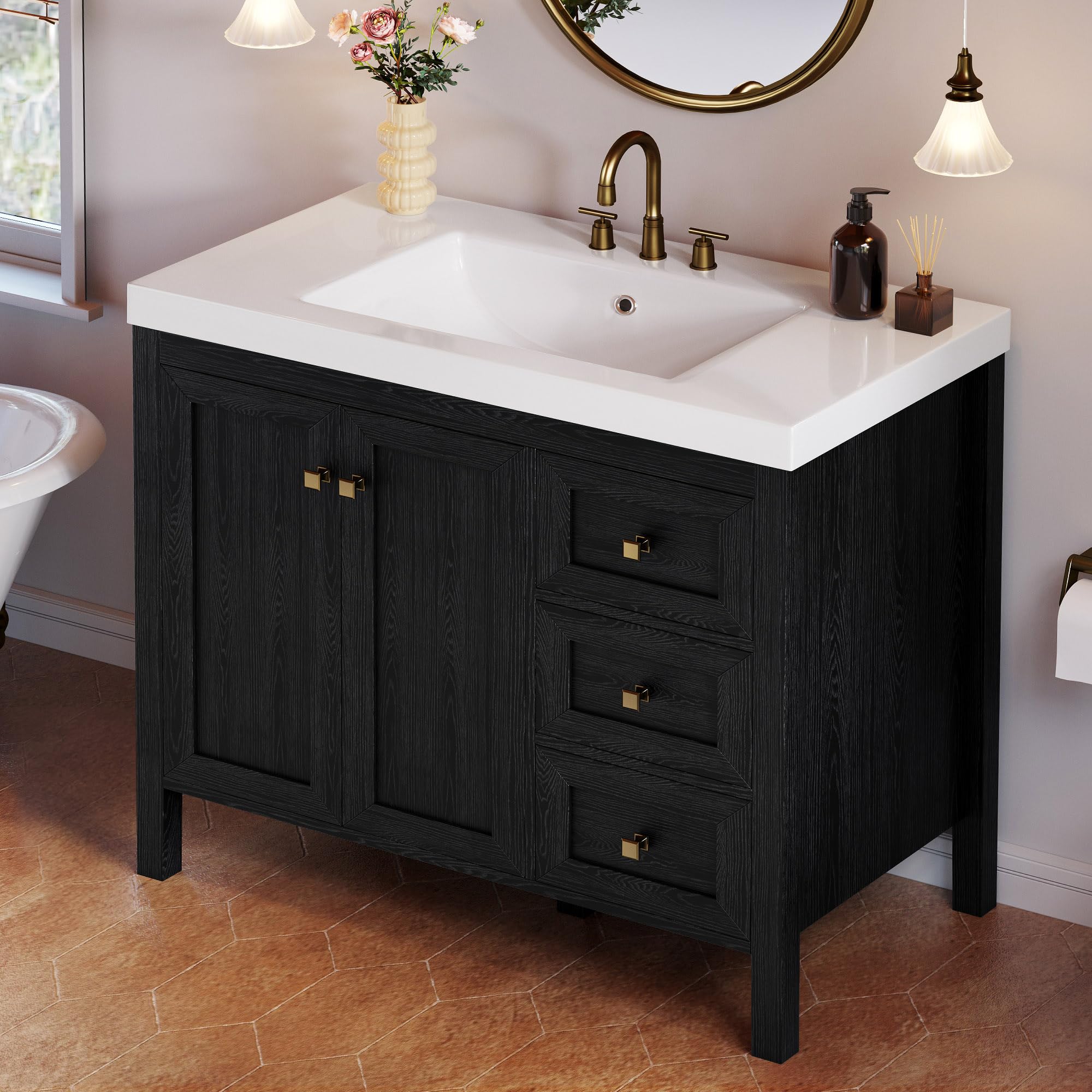 DWVO 42 Inch Bathroom Vanity with Sink Combo, Modern Bathroom Storage Cabinet with Resin Basin, Three Holes, 2 Doors & 3 Drawers, Black