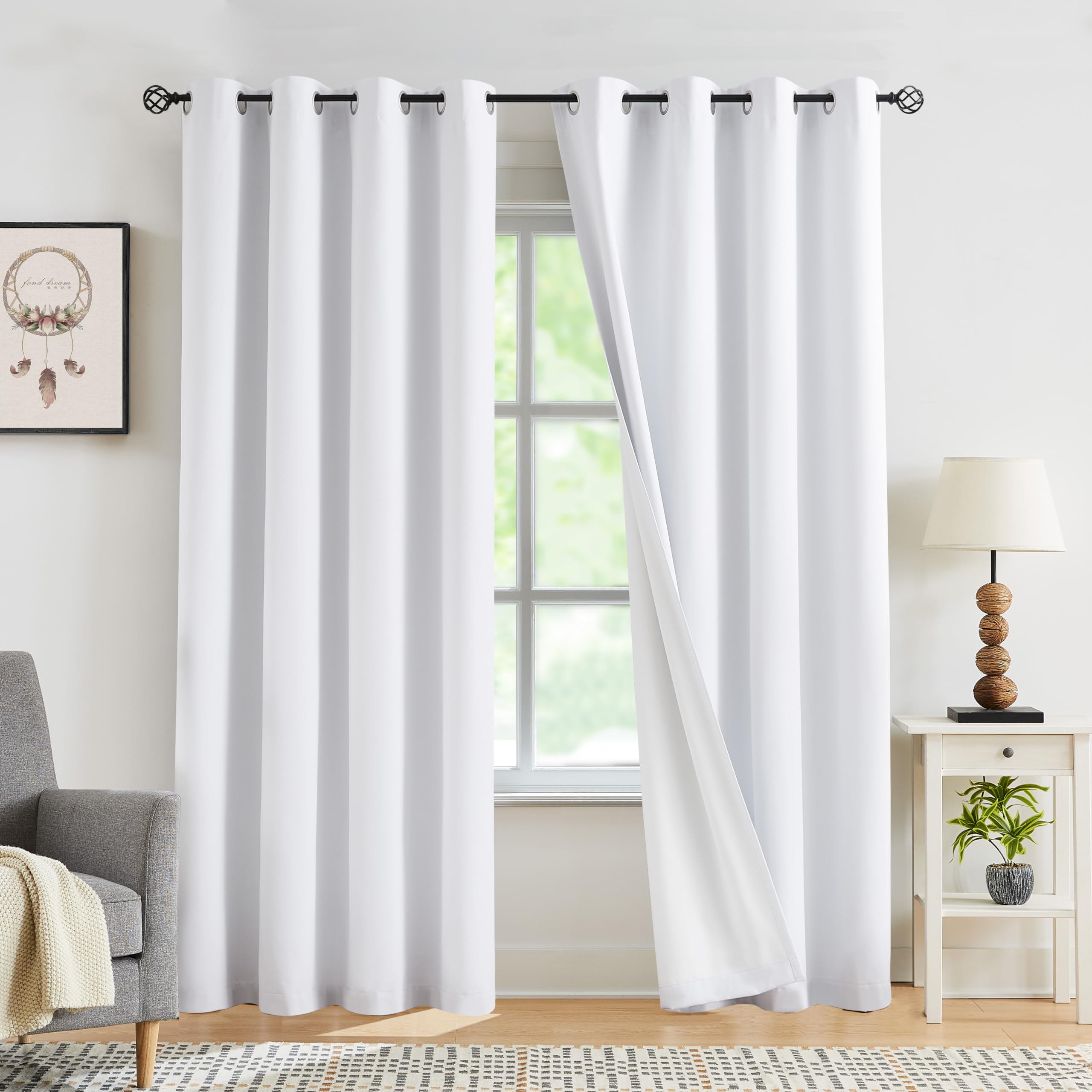 Jubilantex White Full Blackout Curtains Linen Coating Window Curtains Room Darkening Thermal Insulated Grommet Window Treatment Panels 54"x95",2 Pair