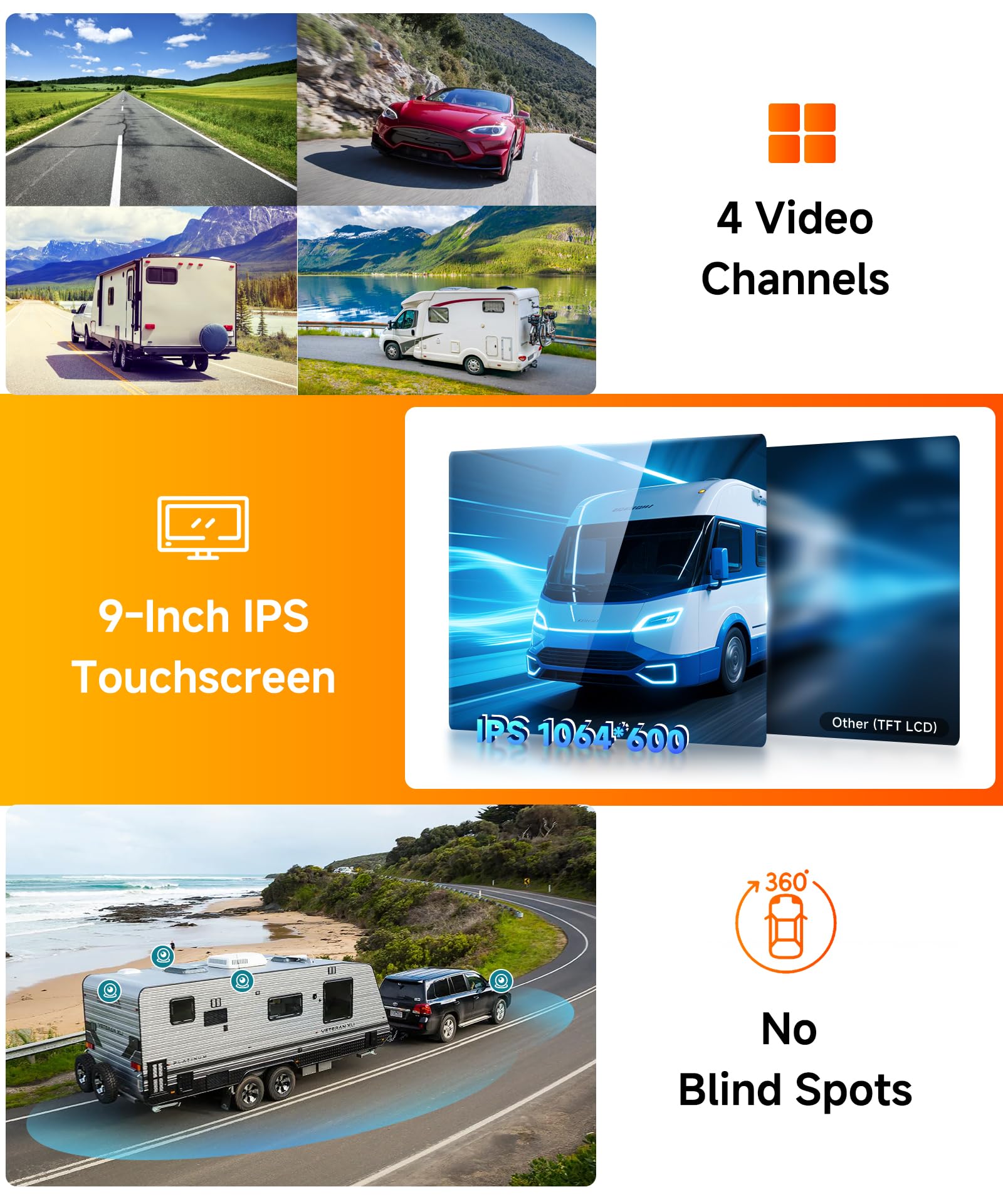 VECHTEL 4*Rückfahrkamera Kabel mit 9 Zoll IPS Monitor,Einparkhilfe,LED Rückfahrkamera Auto Nachtsich/IP68 Wasserdicht für SUV LKW Wohnmobil,DC 12–24 V,Loop-Aufnahme