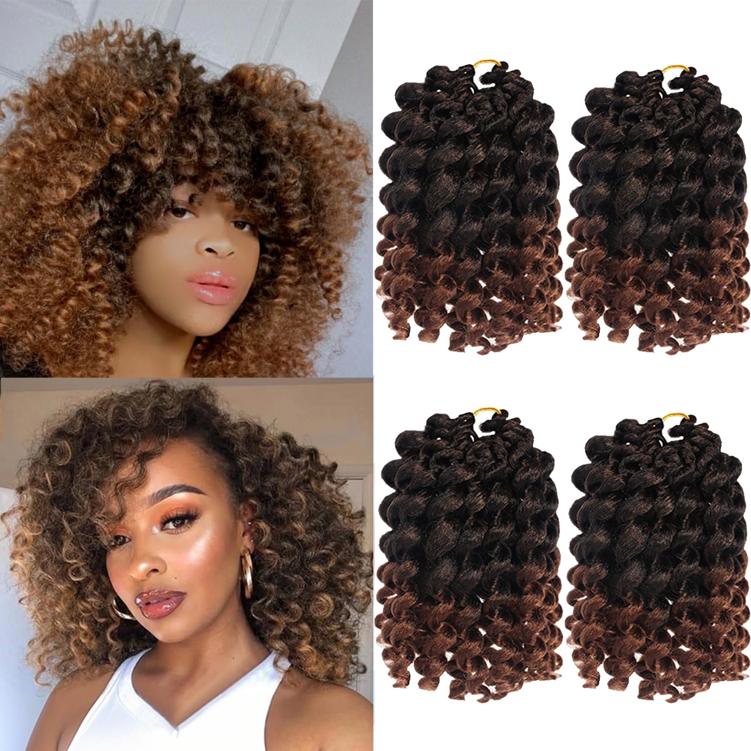 HBNK 8 Inch Jamaican Bounce Curl Crochet Hair 4 Packs 88 Roots Wand Curl Crochet Hair For Black Women (8 Inch (Pack of 4), T1B-30#)