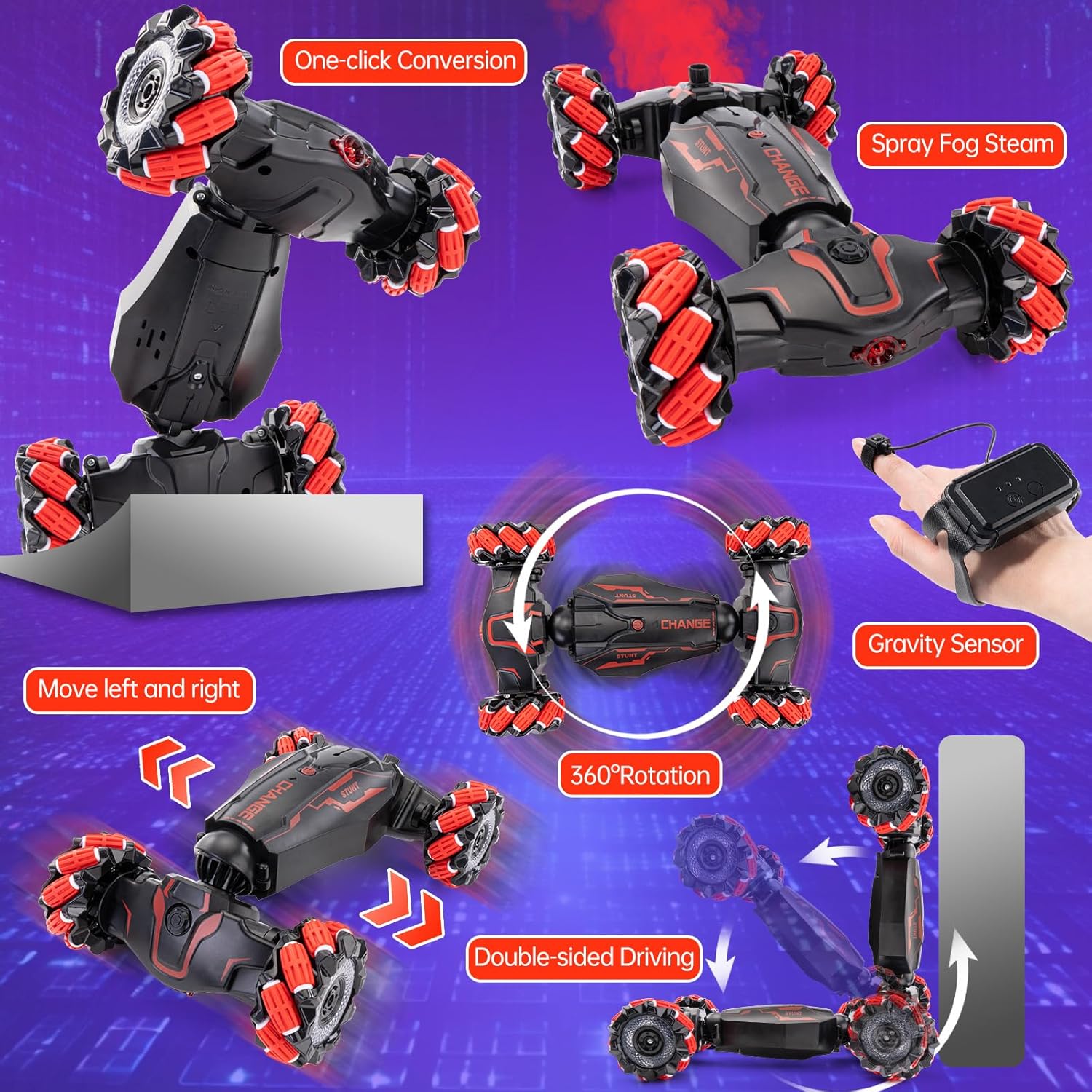 Gesture Sensing RC Stunt Car, 2.4 GHz 4WD Remote Control Car 360° Rotate Transform Off-Road Drift RC Cars with Cool Lights Music, Ideal Presents for Boys Girls for Birthday (Red) - Image 3