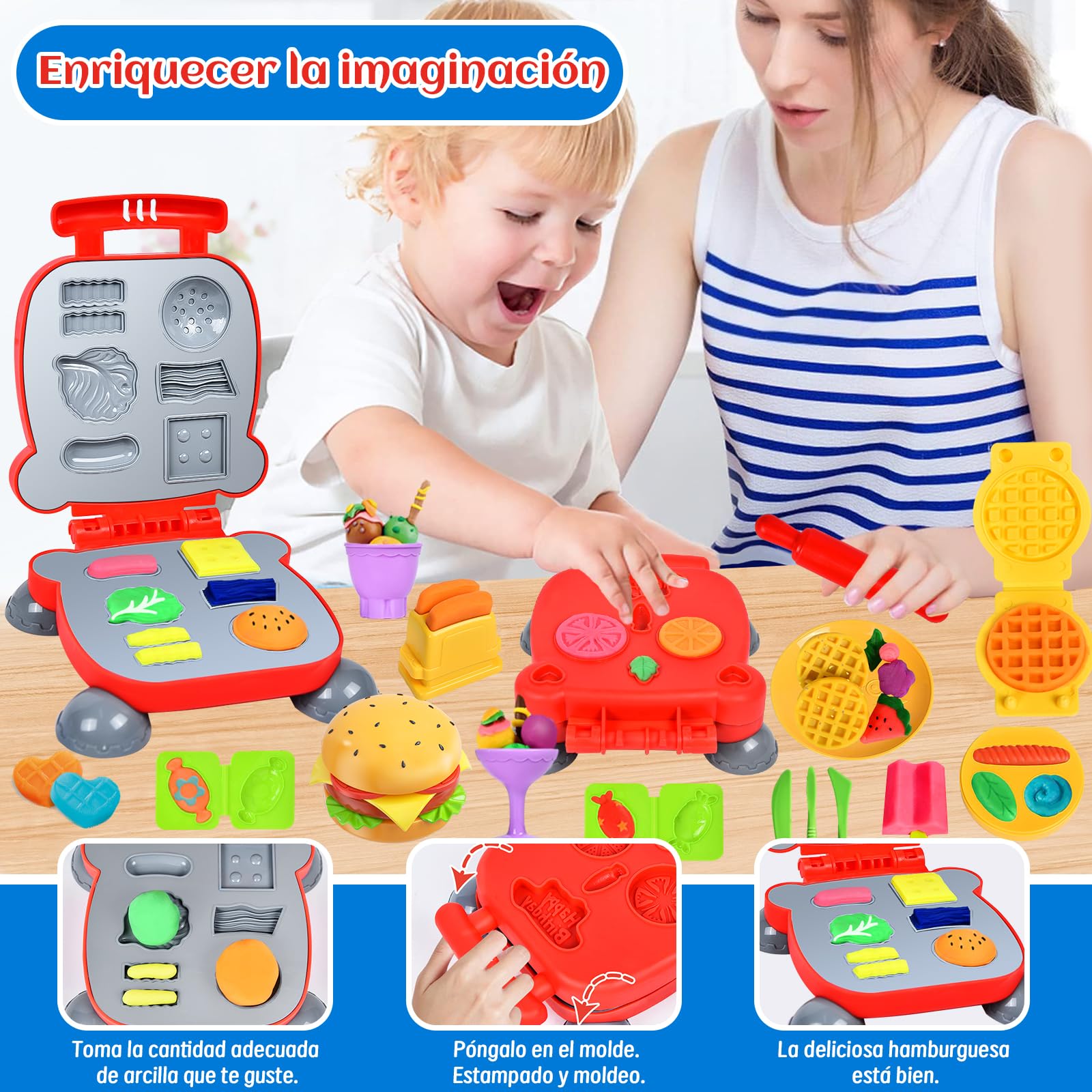 Herenear Juego de Plastilina, 46 Moldes Plastilina con 12 Cajas Arcilla, Herramientas Plastilina para Crear Hamburguesa Pasta y Helados, Kit Accesorios Plastilina Regalo para Niños