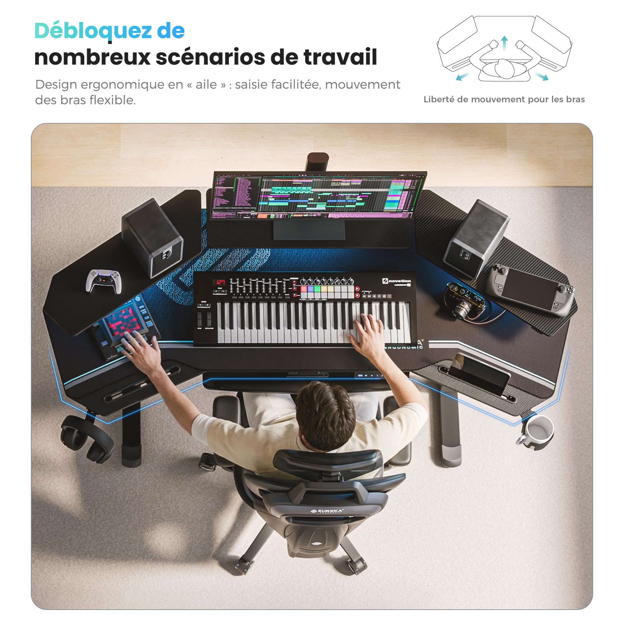 EUREKA ERGONOMIC Bureau Gaming LED 182x76cm en Forme d'Aile Bureau Assis Debout Électrique Bureau Gamer Réglable en Hauteur avec Plateau pour Clavier, Étagère de Moniteur
