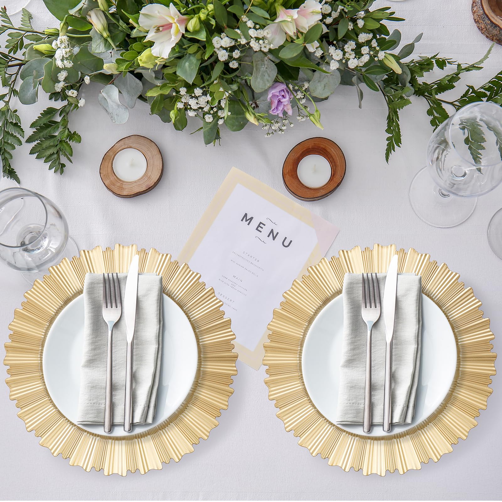6 platos de carga dorados, 13 pulgadas, elegantes platos de plástico con borde estriado, cargadores de mesa reutilizables para cena, cumpleaños, boda, fiesta, despedida de soltera, vajilla de