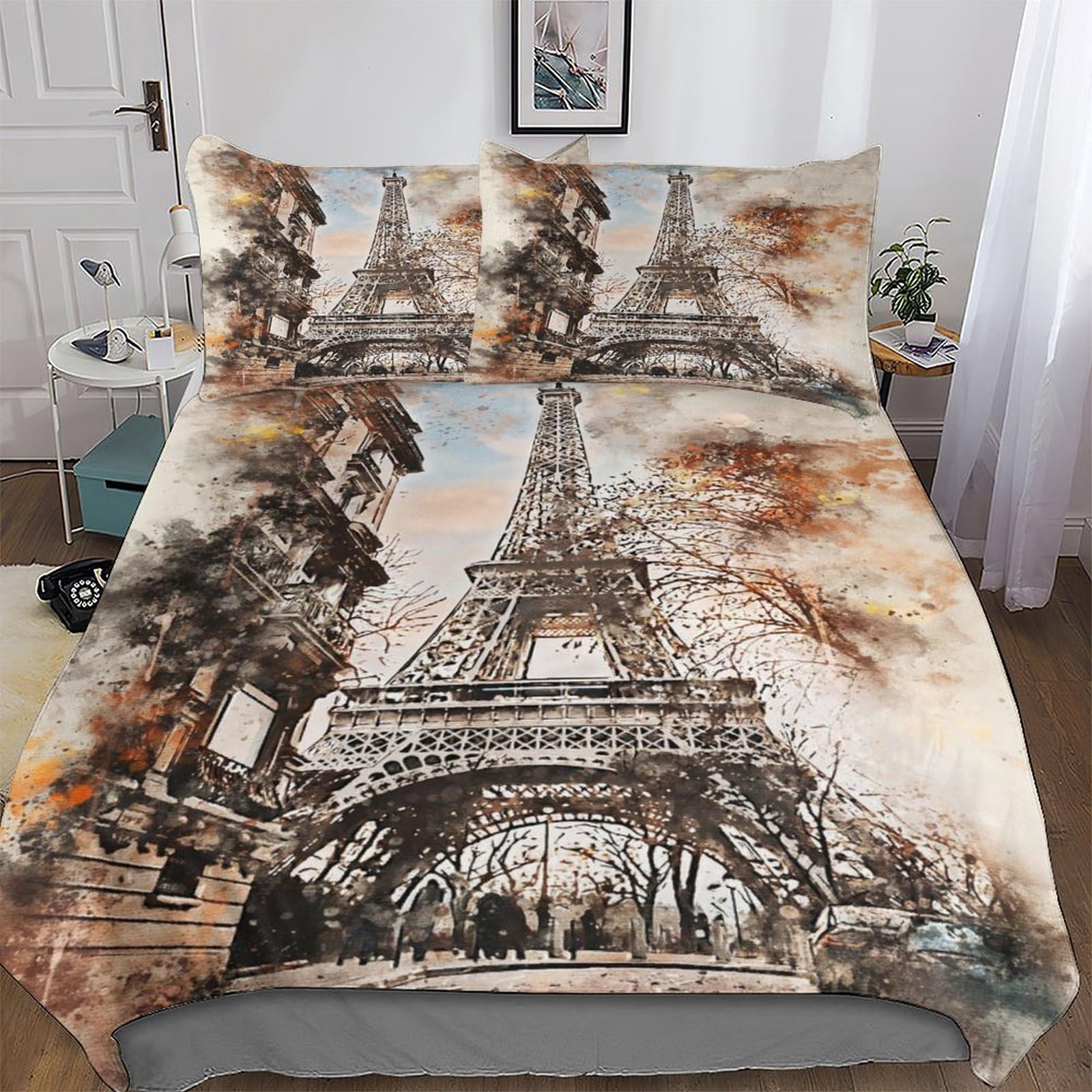 Parure de lit Tour de Paris 3 pièces avec housse de couette 200x200cm en polycoton