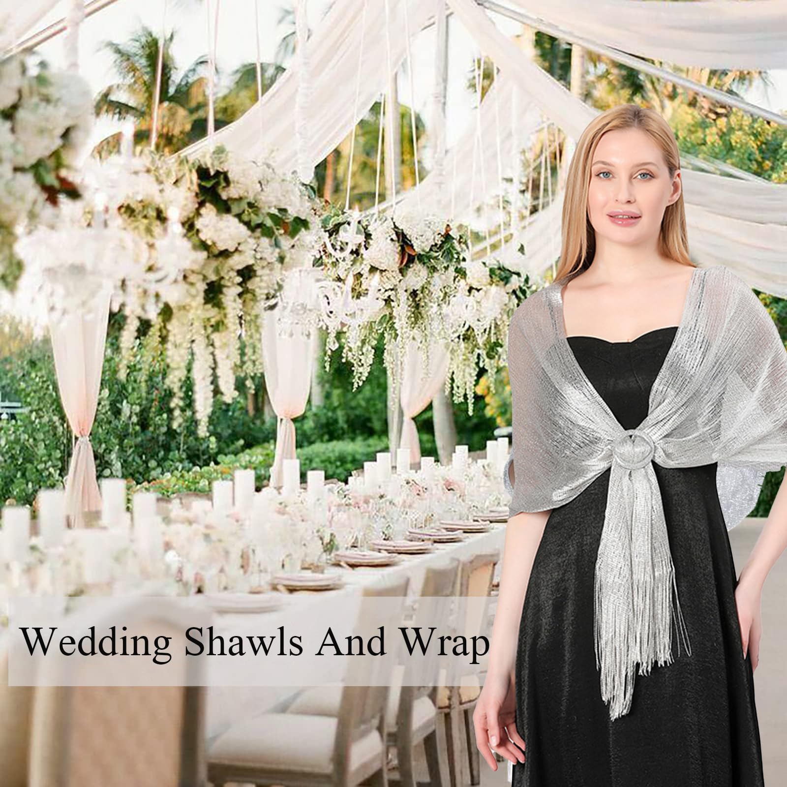 LumiSyne Donna Scialle Stola Metallici Scintillanti Con Fibbia Ad Anello Tinta Unita Glitter Nappe a Frange Foulard Lunga Leggero Stola Elegante Per Abito Da Sera Sposa Matrimonio Cerimonia Festa