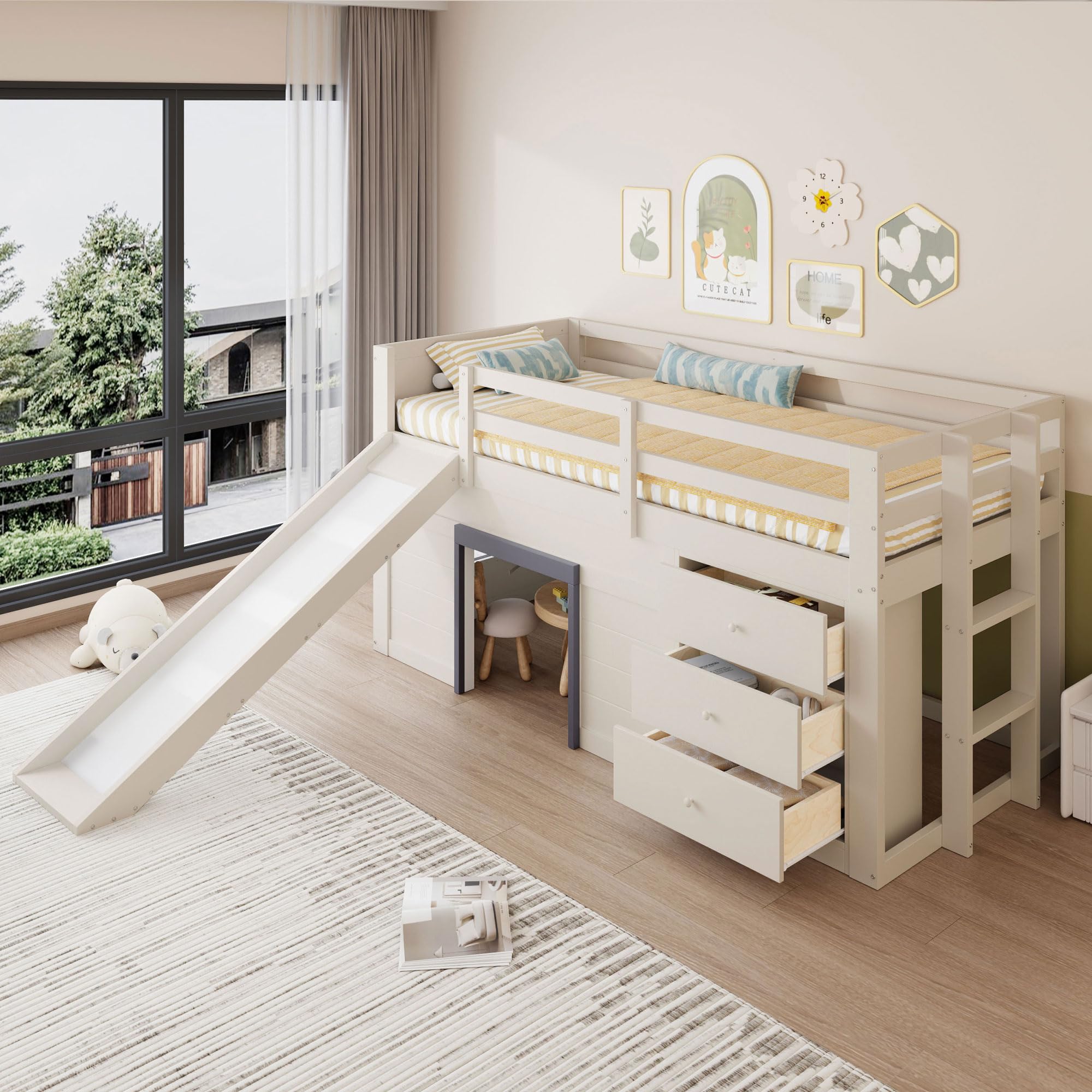 Merax Kinderbett 90x200 Funktionsbett Kinder Hochbett mit Rutsche, Stauraum, Unterhaltungsbereich unter dem Bett - Holzbett mit Lattenrost, Leiter und Rausfallschutz, Kiefer, ohne Matratze, Creme