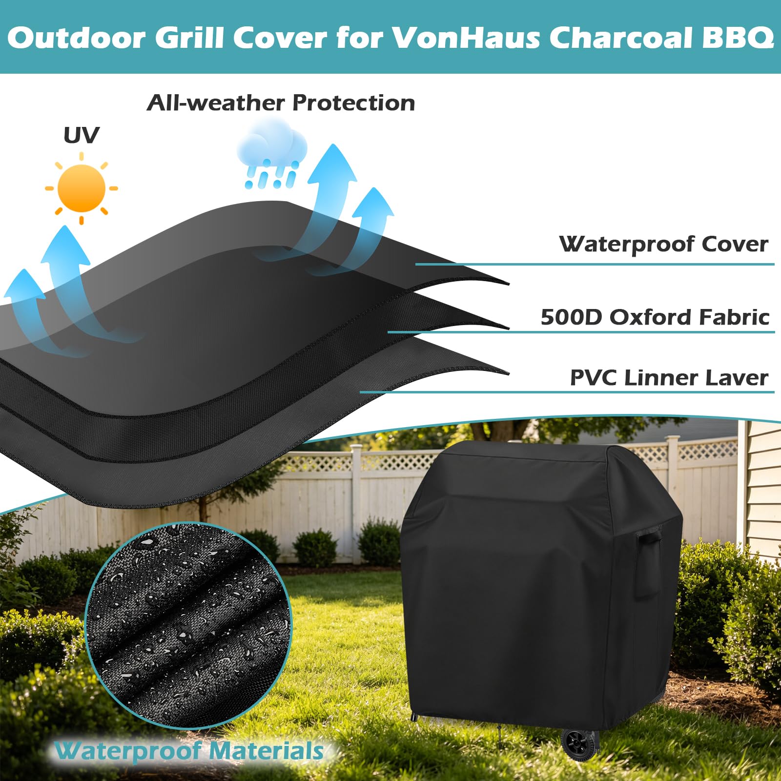 Pokrowiec na grilla 500D, odporny na działanie wody, do grilla VonHaus Chal Grill, UVResisan, tkanina AniFade, 97 x 85 x 96 cm, grille