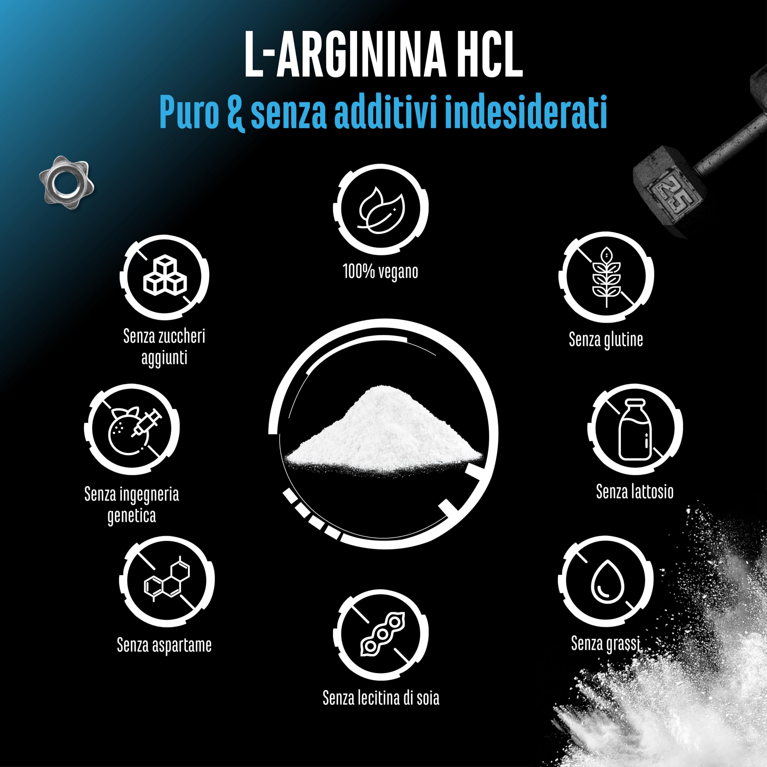 L-Arginina HCL - 500 g in Polvere - L-Arginina Cloridrato - Premium: Aminoacidi Vegetali - Solubilità Ottimale - Polvere Pura Senza Additivi - Vegano