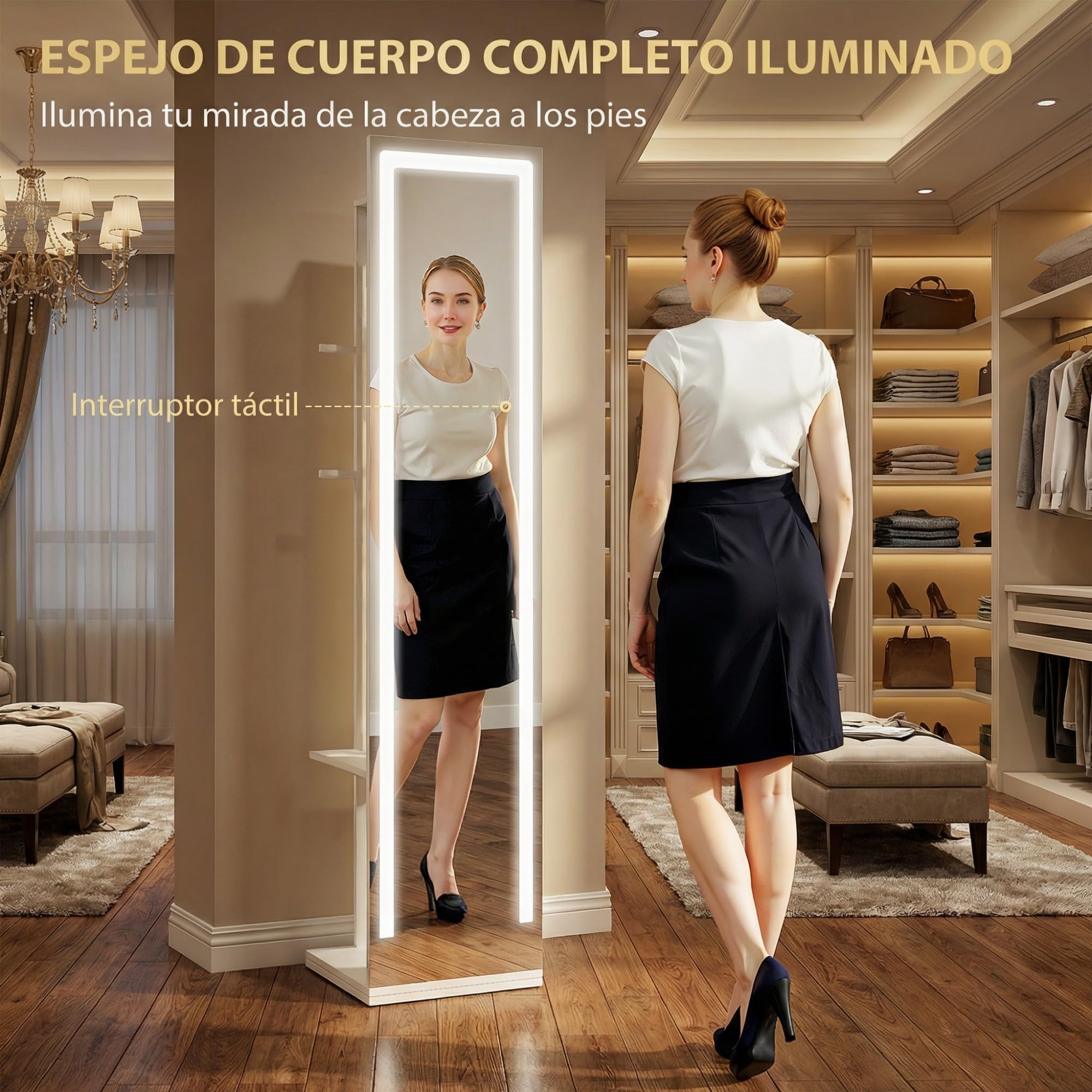 HOMCOM Espejo Joyero con Luces LED, Armario Joyero con Espejo de Cuerpo Entero sin Marco, Armario para Joyas Giratorio 360° con Estantes Abiertos, Perchero y Barras para Colgar, Blanco y Forro Beige
