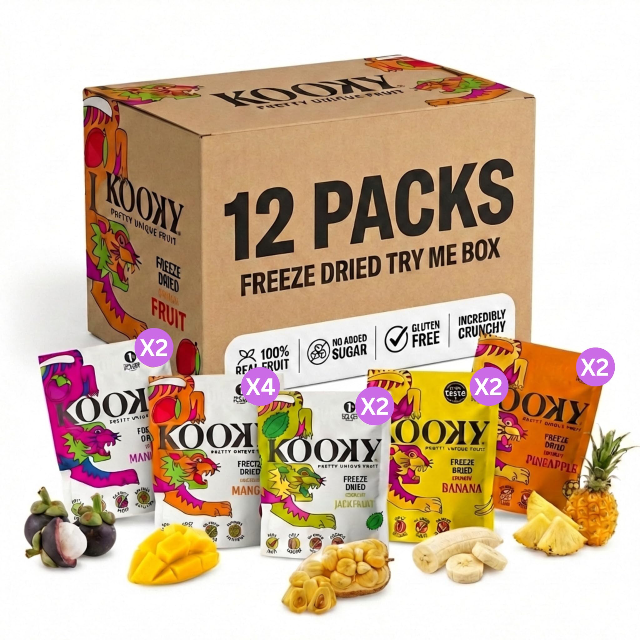 Kooky Try Me Box | Crunchy Freeze Dried 12pks | 100% Fruit Low Calorie Healthy Snacks for Kids & Adults | 2 x Banana Jackfruit Mangosteen Pineapple | 4 x Mango