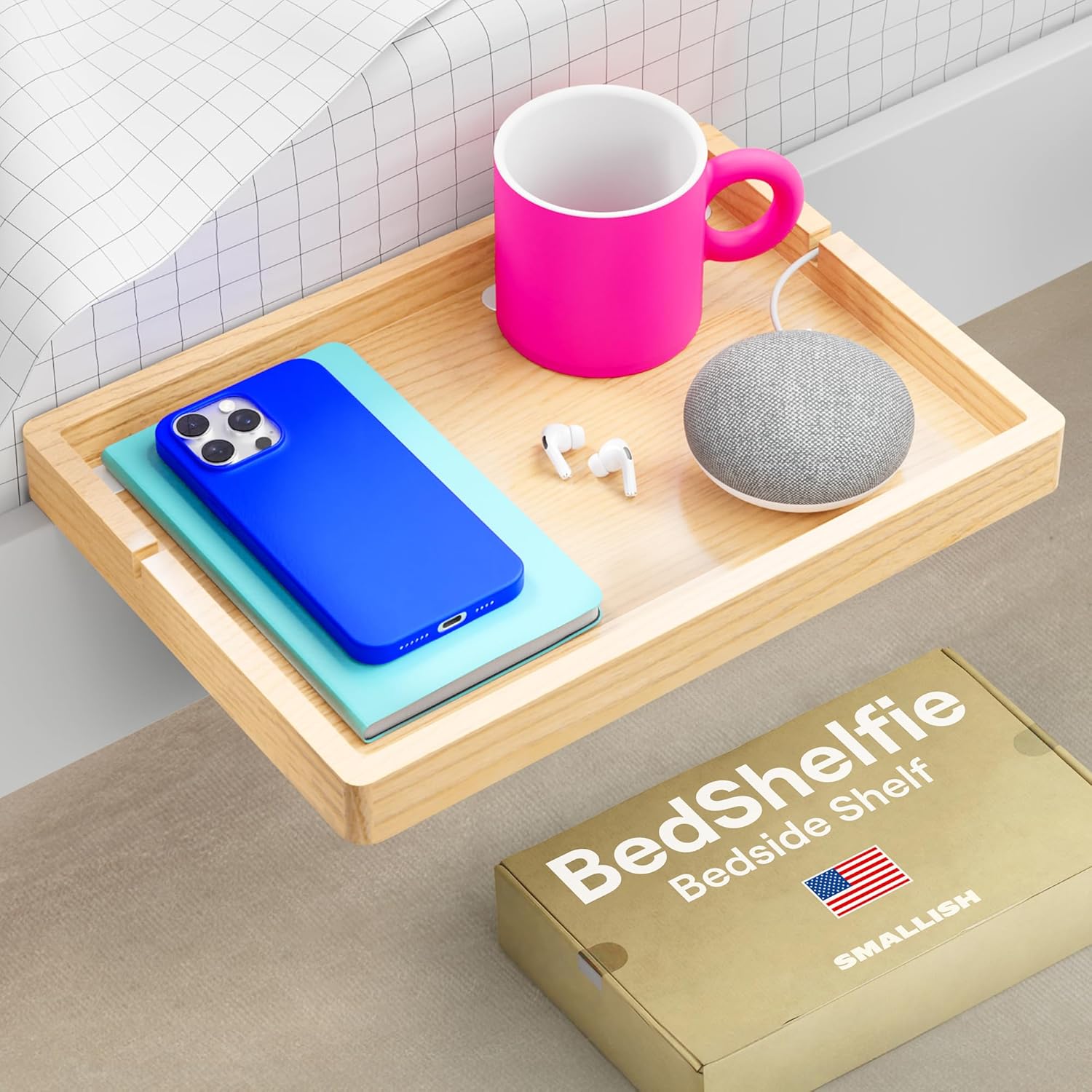 Smallish BedShelfie Bedside Shelf for Bunk Bed & Top Bunk, College Dorm Room Essentials, Loft Nightstand, Floating Bed Side Table Tray Storage, Dorm Room Decor (Flexfit Model, Natural) FlexFit (13.75 x 9.5 inches)