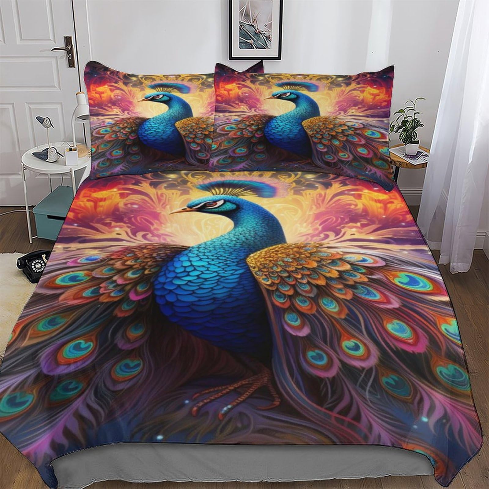 Housse de couette paon 200x200 cm avec taies en microfibre douce
