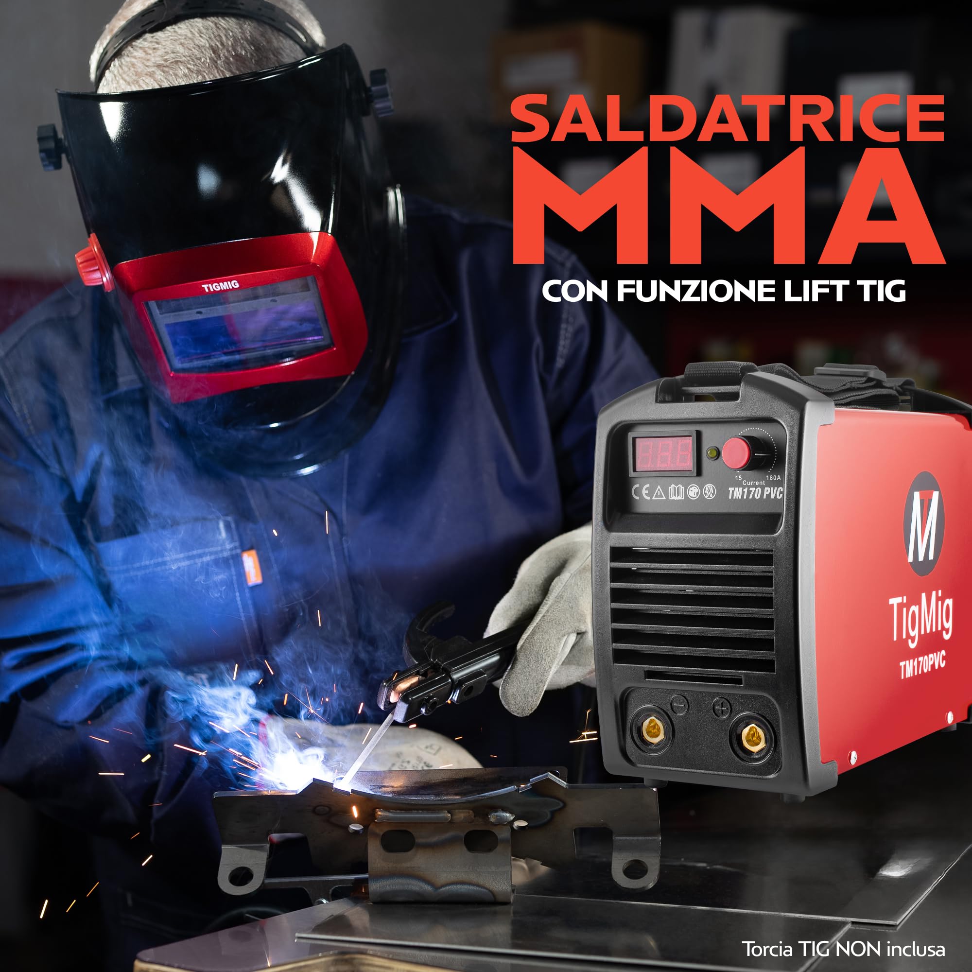 TIGMIG Saldatrice Inverter MMA (Elettrodo), Fino a 160 A, Modello TM170PVC, Con Funzione LIFT TIG, Con Valigetta In PVC Per Trasporto, Accessori Inclusi, Garanzia e Assistenza ITALIA