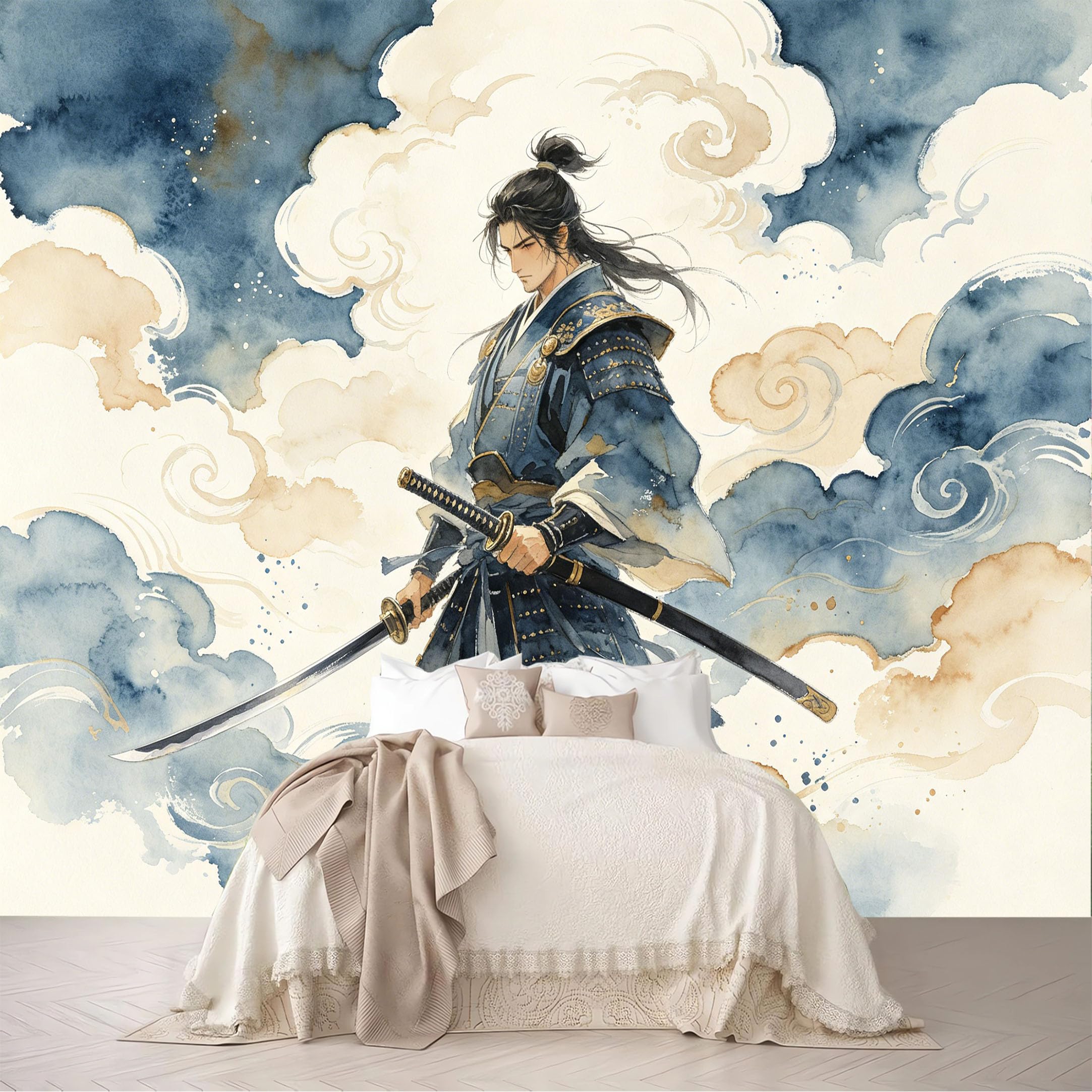 Custom Size Wall Mural Watercolor Samurai Cloud Oriental Wallpaper Removable Self Adhesive Peel and Stick Wallpaper for Bedroom Living Room