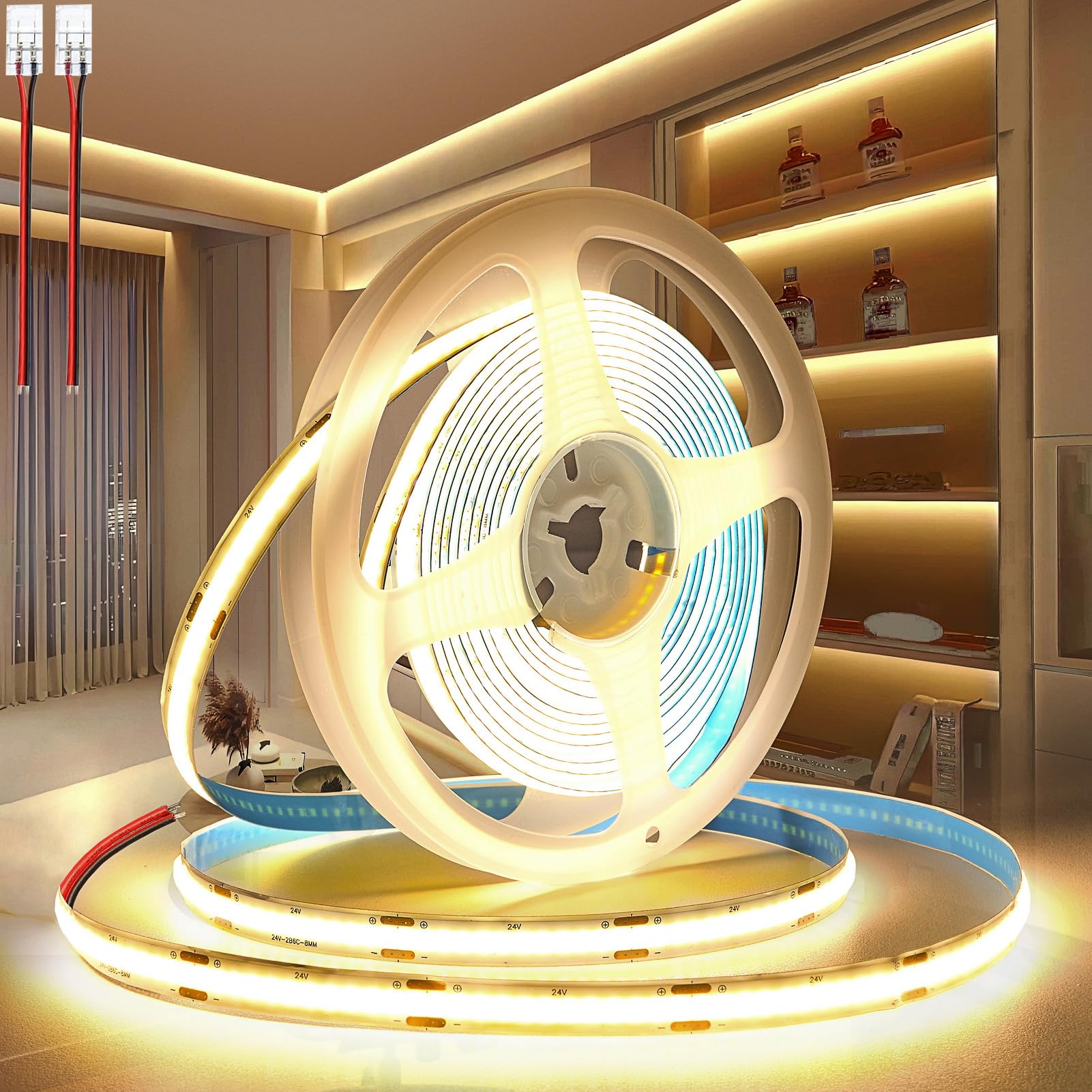 PERVADEO 24V COB LED Strip Lights 10M/32.8ft, 3000K Warm White 8mm Width LED Strips Super Bright LED Tape Lights Uniform Dotless for Bedroom Under Cabinet Kitchen DIY Lighting(No Power Supply)