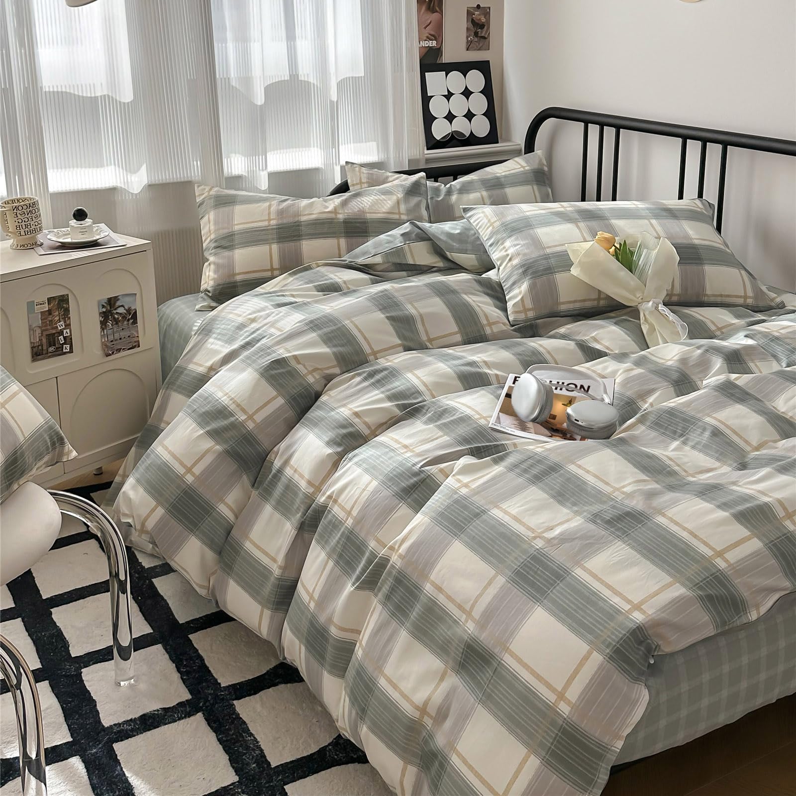mixinni Full Comforter Set Green Geometric Checkered Plaid Bedding Comforter Set Men Boys Modern Style All Season Soft Fluffy Lightweight Bedding Set-Full Size — image 1
