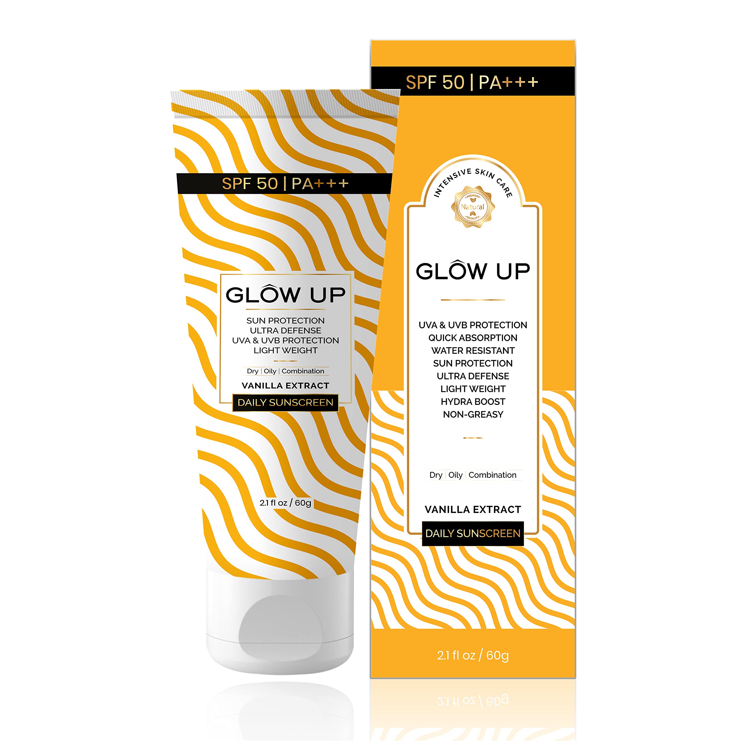 Glow Up Vanilla Sunscreen With SPF 50 I UVA & UVB Protection I Quick Absorption Water Resistant Sun Protection Ultra defense I Light Weight Hydra Boost I Non-Greasy 60g