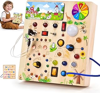Fwiull Montessori Toy from 1 Year, Baby Montessori Busy Board, Activity Board Montessori from 2 Years, Motor Skills Toy with 29 LED Light Switch, Sensory Learning Toys, Suitable for 1 2 3 4 Years
