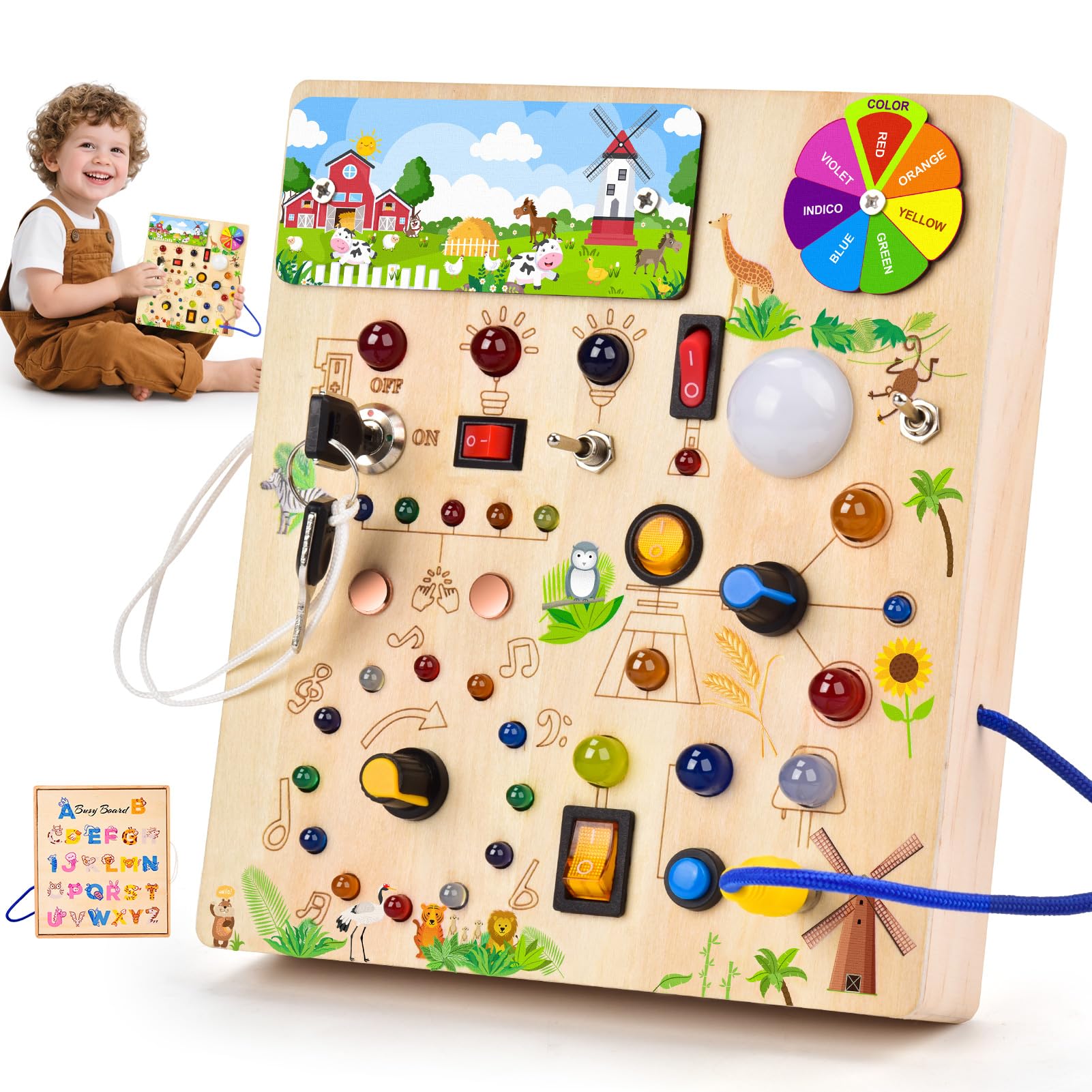 Fwiull Montessori Spielzeug ab 1 Jahr,Baby Montessori Busy Board,Activity Board Montessori ab 2 Jahr, Motorikspielzeug mit 29 LED-Lichtschalter Sensory Learning Toys Geeignet für 1 2 3 4 Jahre