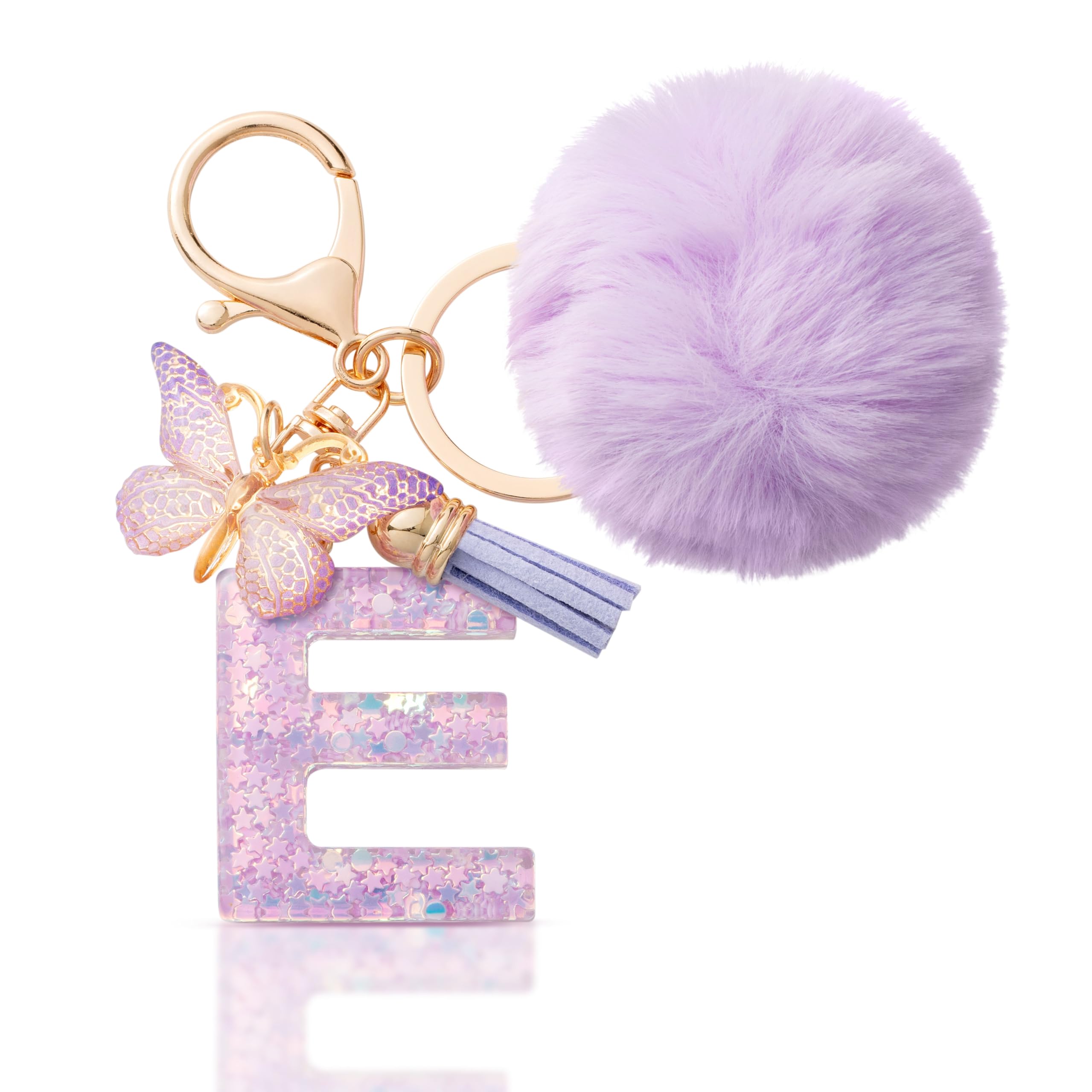 CHUQING Schlüsselanhänger Buchstabe Geschenke Mädchen Schlüssel Anhänger mit Pompon Anfangsbuchstaben Keychain Letter Schmetterling für Frauen Damen Geburtstagsgeschenk