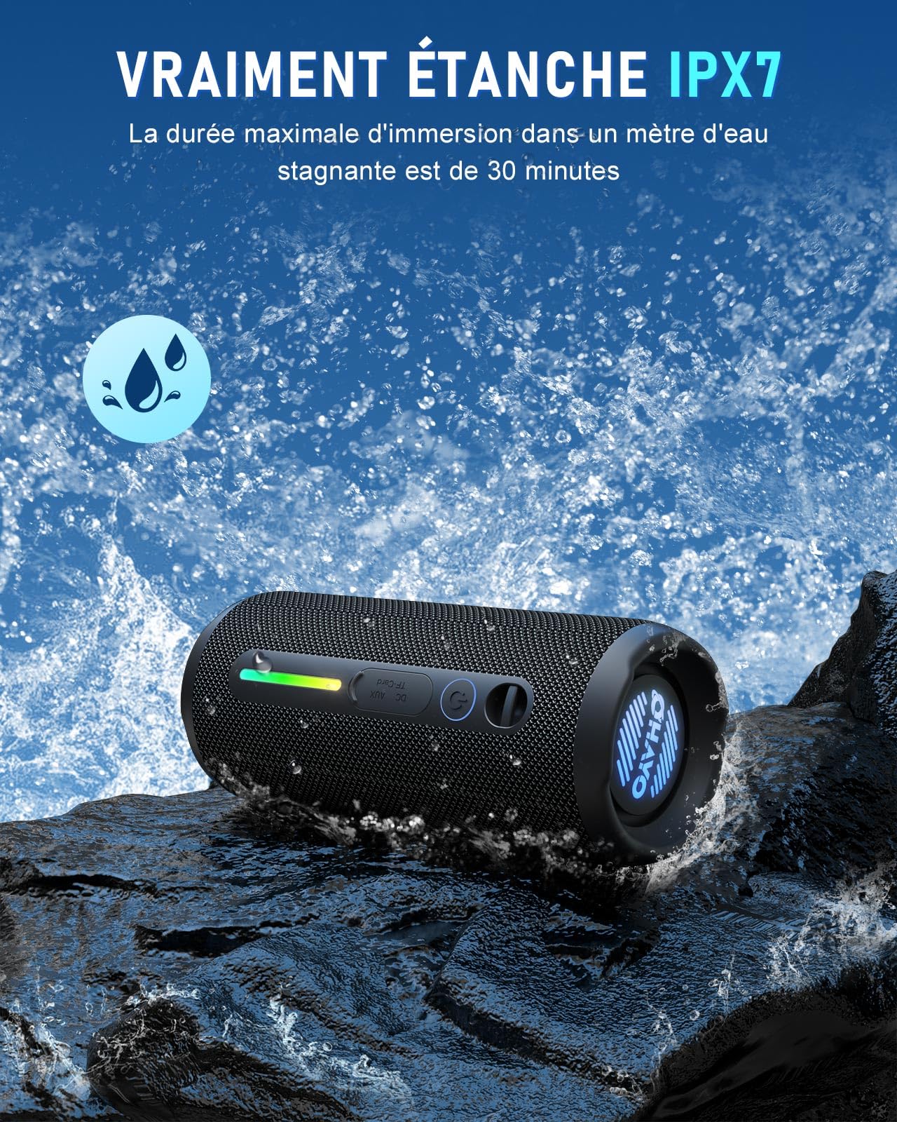 OHAYO Enceinte Bluetooth Puissante 24W IPX7 Étanche 30h Autonomie Bass Boost Portable