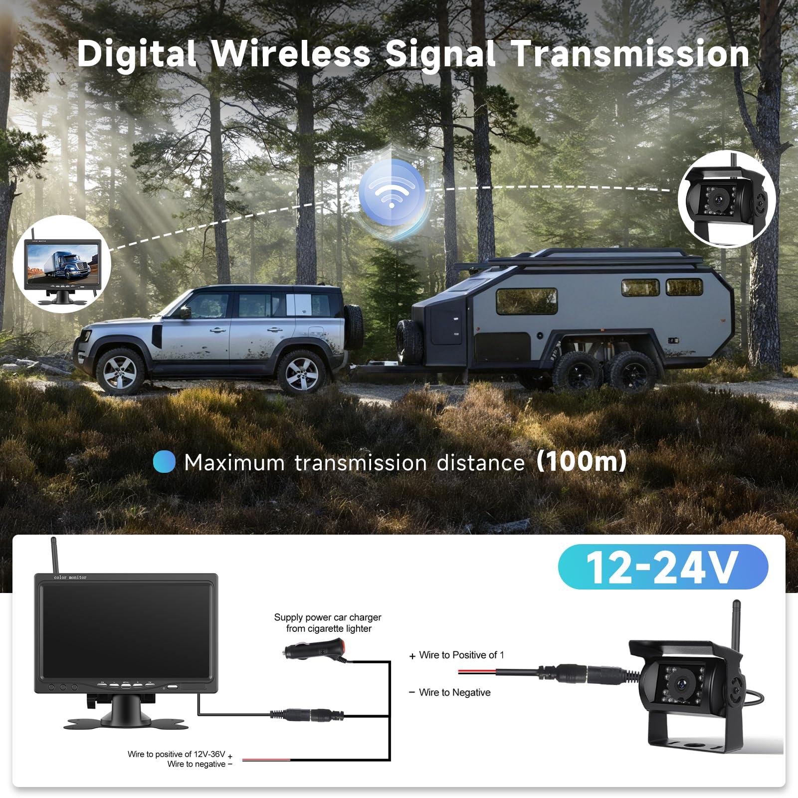 Hodozzy Kit 2 Telecamera Digitale di Retromarcia Senza Fili, 7 Pollici Monitor HD 1080P con 2 Telecamere, Visione Notturna Impermeabile, Telecamera Posteriore Wireless Auto per Furgoni/Camion/Camper