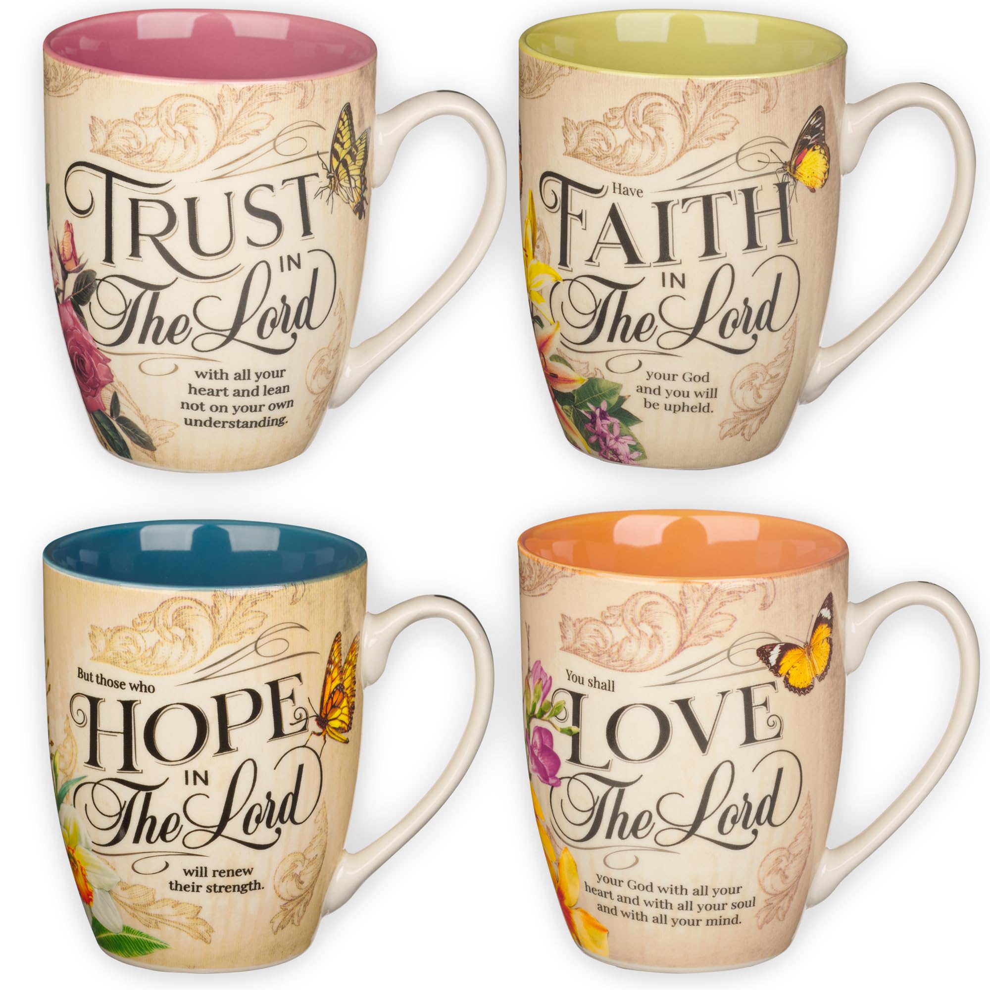 Christian Art Gifts Novelty Floral Ceramic Scripture Coffee & Tea Mug Set: Hope, Trust, Faith, Love - 4 Fancy Medium 12 oz. Cups w/Butterflies & Bible Verses, Multicolor Blue/Pink/Green/Orange Floral