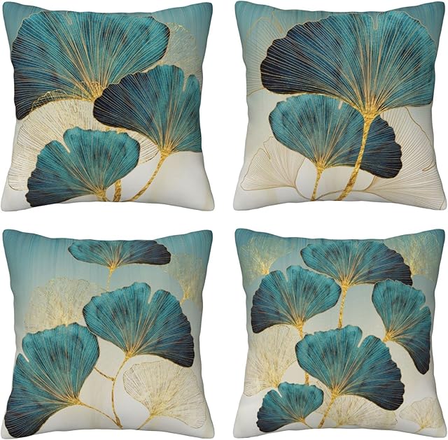 LOHDALOLF Teal Leaves Cushion Covers 45x45 cm Set of 4 Turquoise Ginkgo Leaves Cushion Cases Farmhouse Plant Decorative Pillow Covers for Couch Sofa