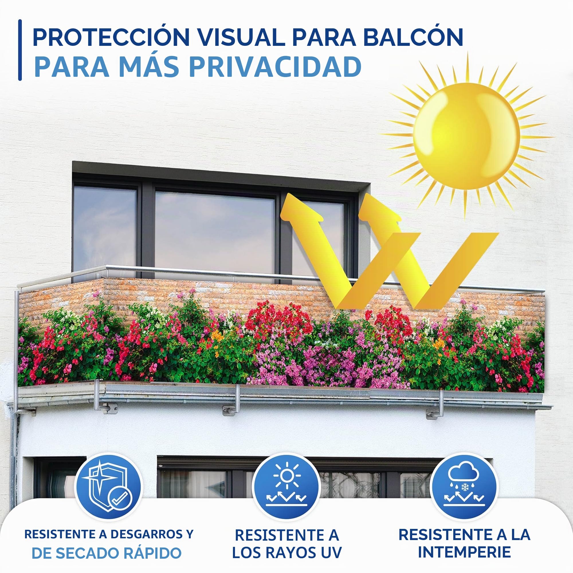 Maximex Protector de visión para balcón, 5 m, práctica privacidad con diseño de flores de mampostería, lona de protección contra el viento con alta resistencia a los rayos UV y a la intemperie