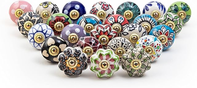 Gałki drzwiowe - Ceramiczne pokrętło drzwi Zestaw 25 Multi Color Cableet i Wnętrze Handmade Szuflady Pull Uchwyt Kuchenny Drzwi Szafy Sprzęt Dresser Blue Ceramery Kwiat Szuflady
