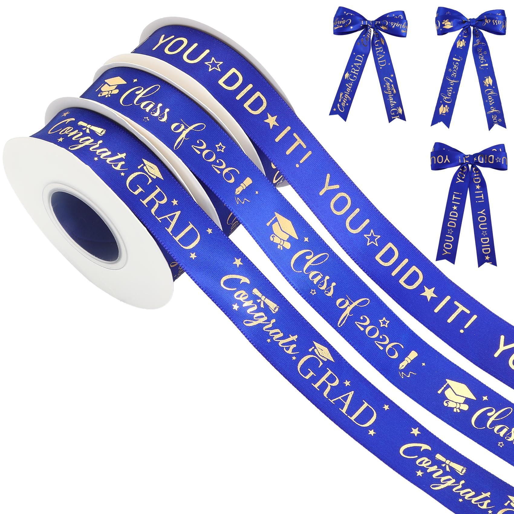 1 Inch 60 Yards Graduation Ribbon 3 Rolls Royal Blue and Gold Ribbon Class of 2026 Congratulation Ribbons for Gift Wrapping Graduations Decorations Party Supplies Bouquets Bows Lei Making