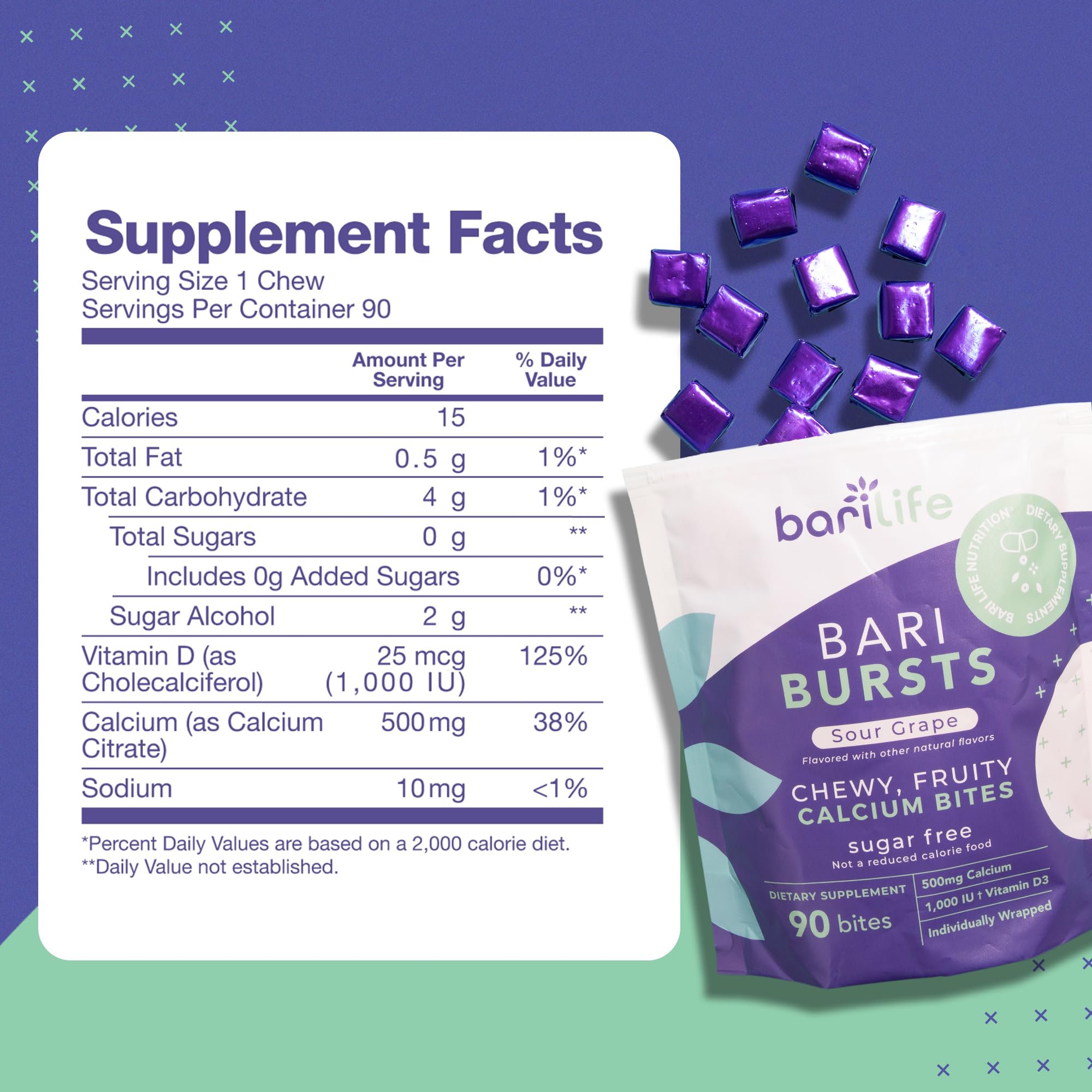 Bari Life Just One, Once Daily Bariatric Multivitamin with Iron (90 Tablets) and BariBurst Calcium Citrate Soft Chews for Gastric Bypass, Gastric Sleeve and Duodenal Switch (Sour Grape)