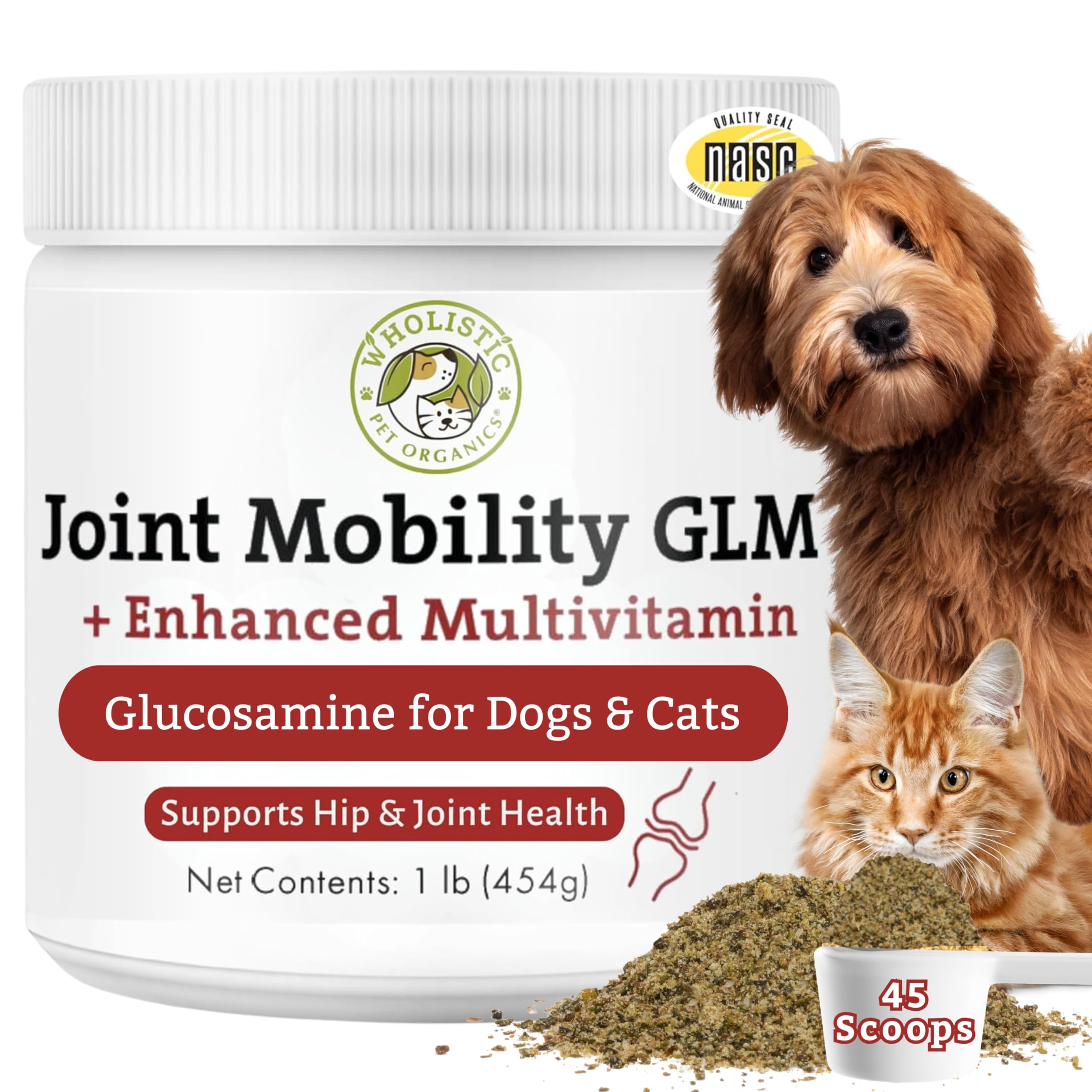 Hip and Joint Supplement for Dogs & Cats - Cat & Dog Joint Supplement - Green Lipped Mussels, Glucosamine, Chondroitin for Dogs & Cat Mobility Support - 1 Lb - 45 Scoops