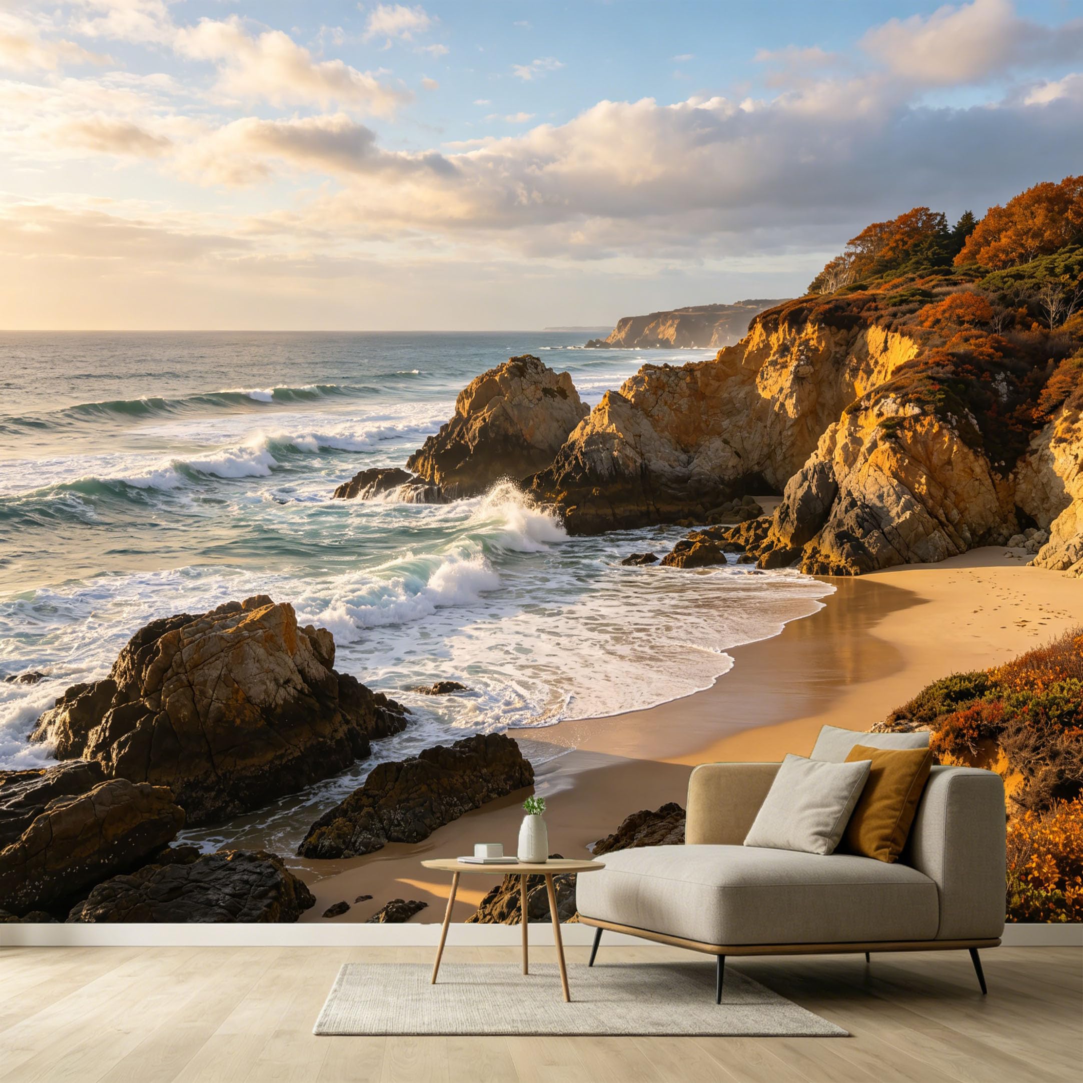 Custom Size Wall Murals Coastal Landscape Ocean Waves Rocky Shore Sunlight Cliff SelfAdhesive Wall Fabric Removable Large Wallpaper for Photo Living Room Interior Decor