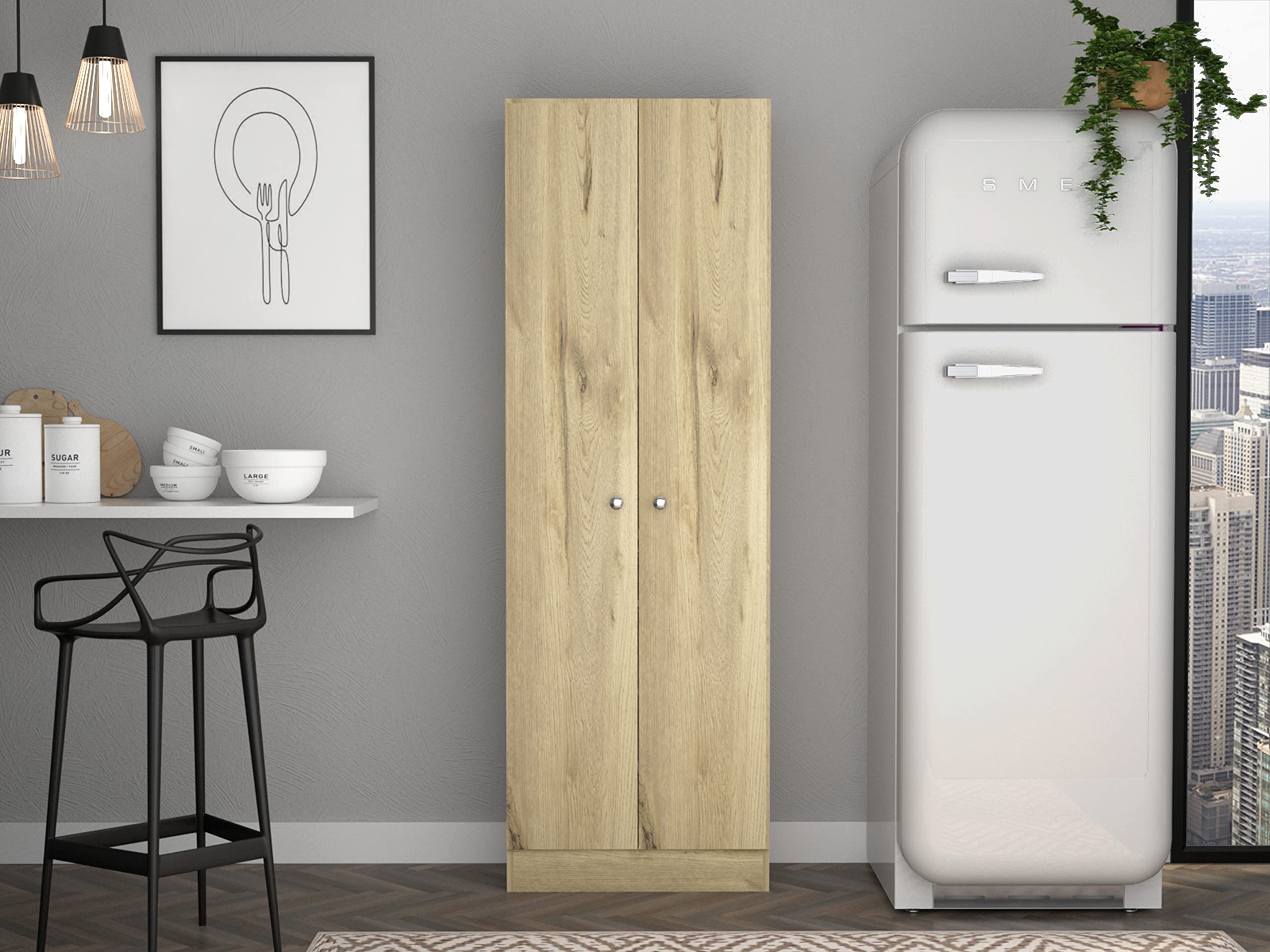 Dakari Cabinet, Two Door Cabinet,Five Shelves- Light Oak/Black, for Kitchen