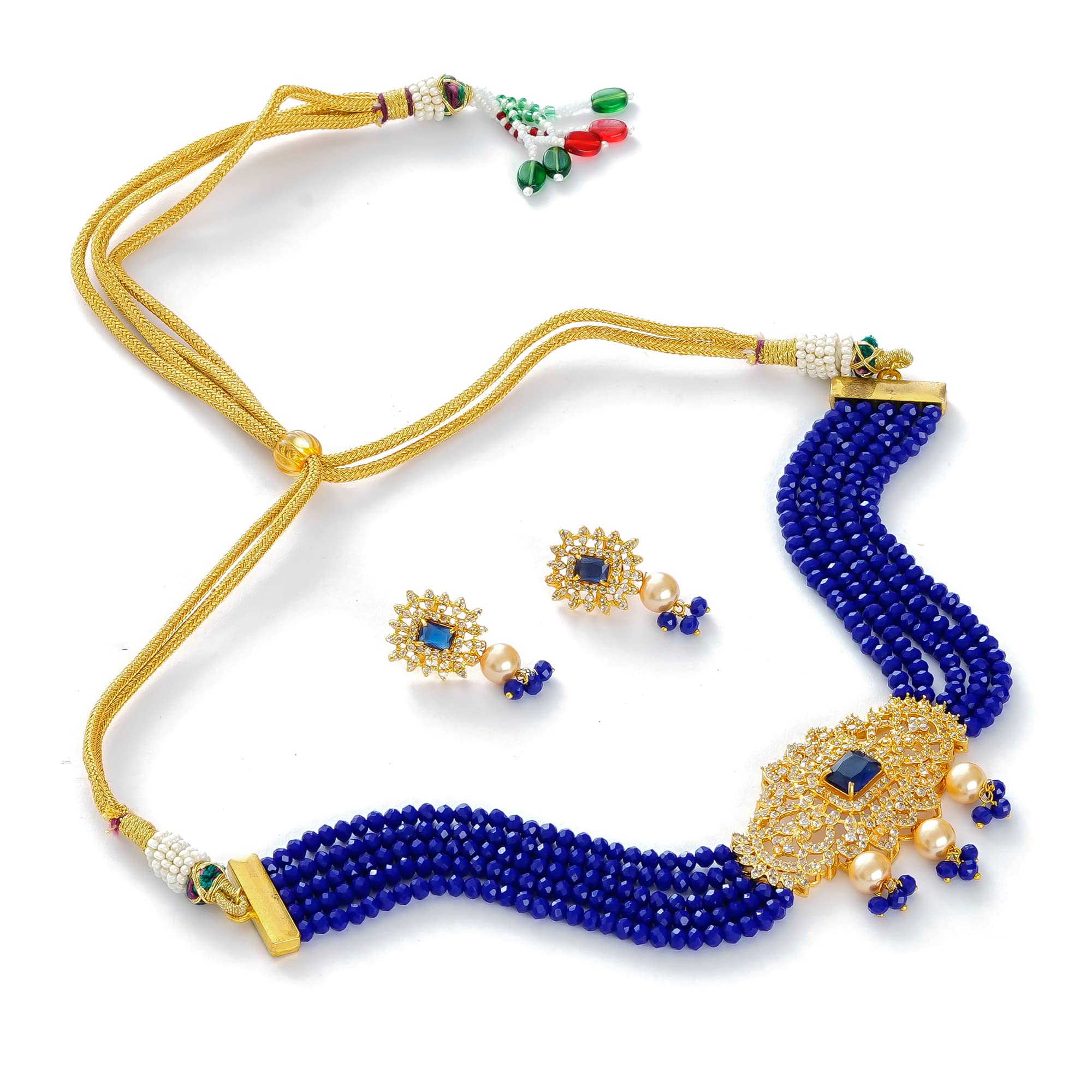 AHOORA Brass Glass Beads Artificial Gold-plated Jarkan Stone Studed Fancy Patti Designer Jaipuri ChikChak Jewel Set for Women (AHN590_Sky Blue Multilayared Beaded) (B09JB5868L) Amazon Price History, Amazon Price Tracker