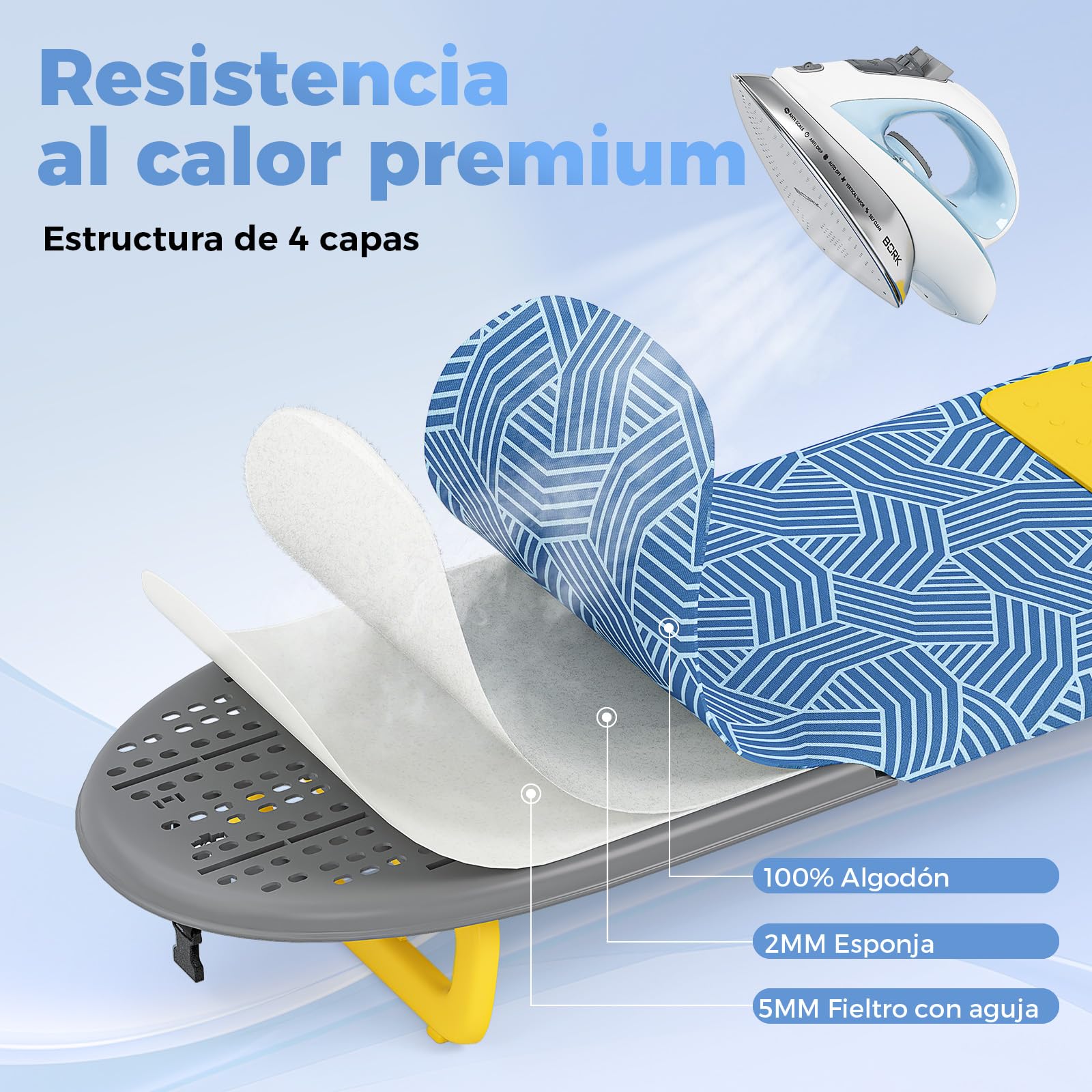 KINGRACK Tabla de Planchar Plegable, con Almohadilla Aislante, Amarillo | Plegable y compacta, ideal para viajes, dormitorios y espacios pequeños