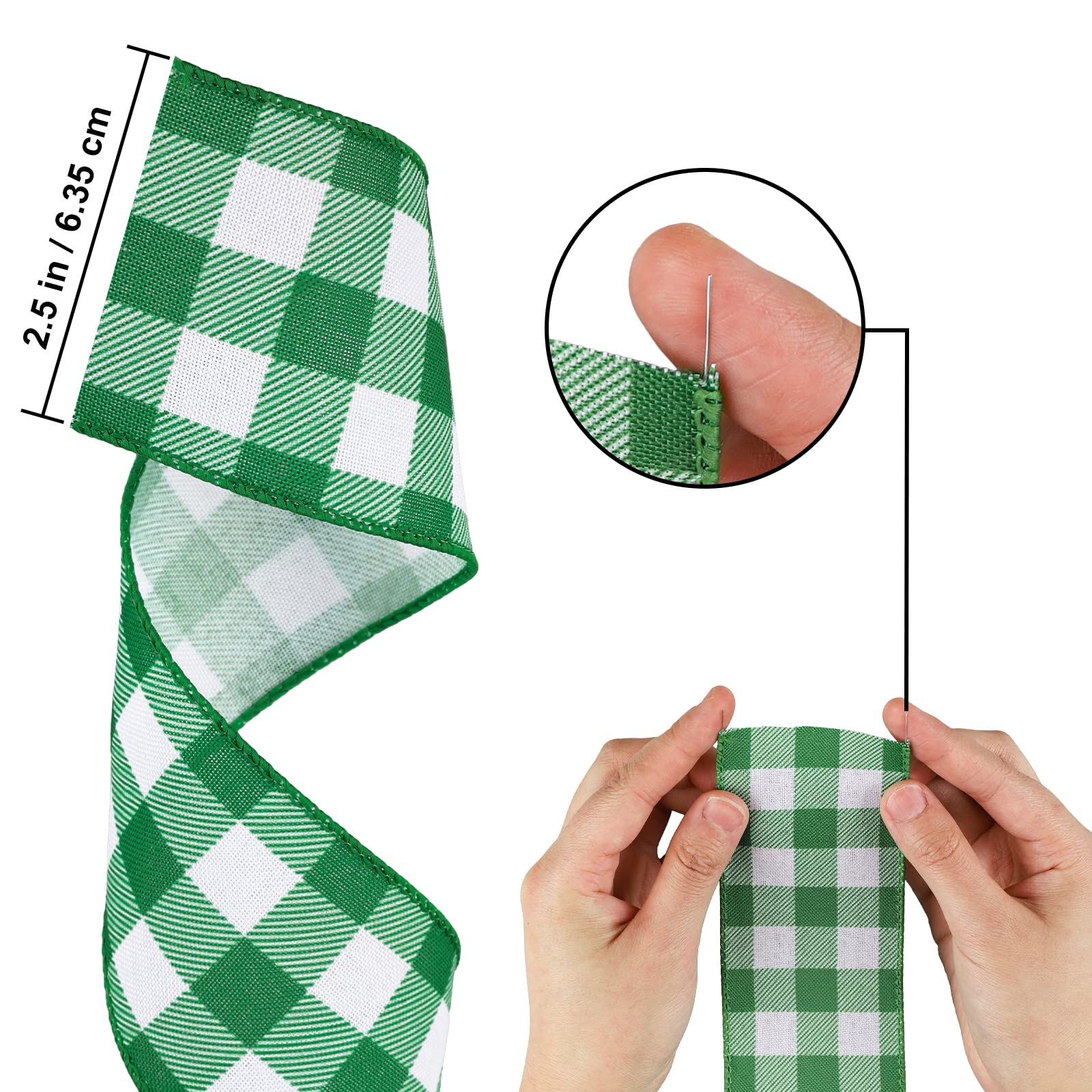 Whaline 2 Rollen kariertes Band mit Drahtrand, Büffelmuster, grün-weiß, kariert, 6,3 cm, Bauernhaus-Bastelband für DIY, Geschenkverpackung, Kranz, Weihnachtsbaumschleife, Dekoration, 9,4 m